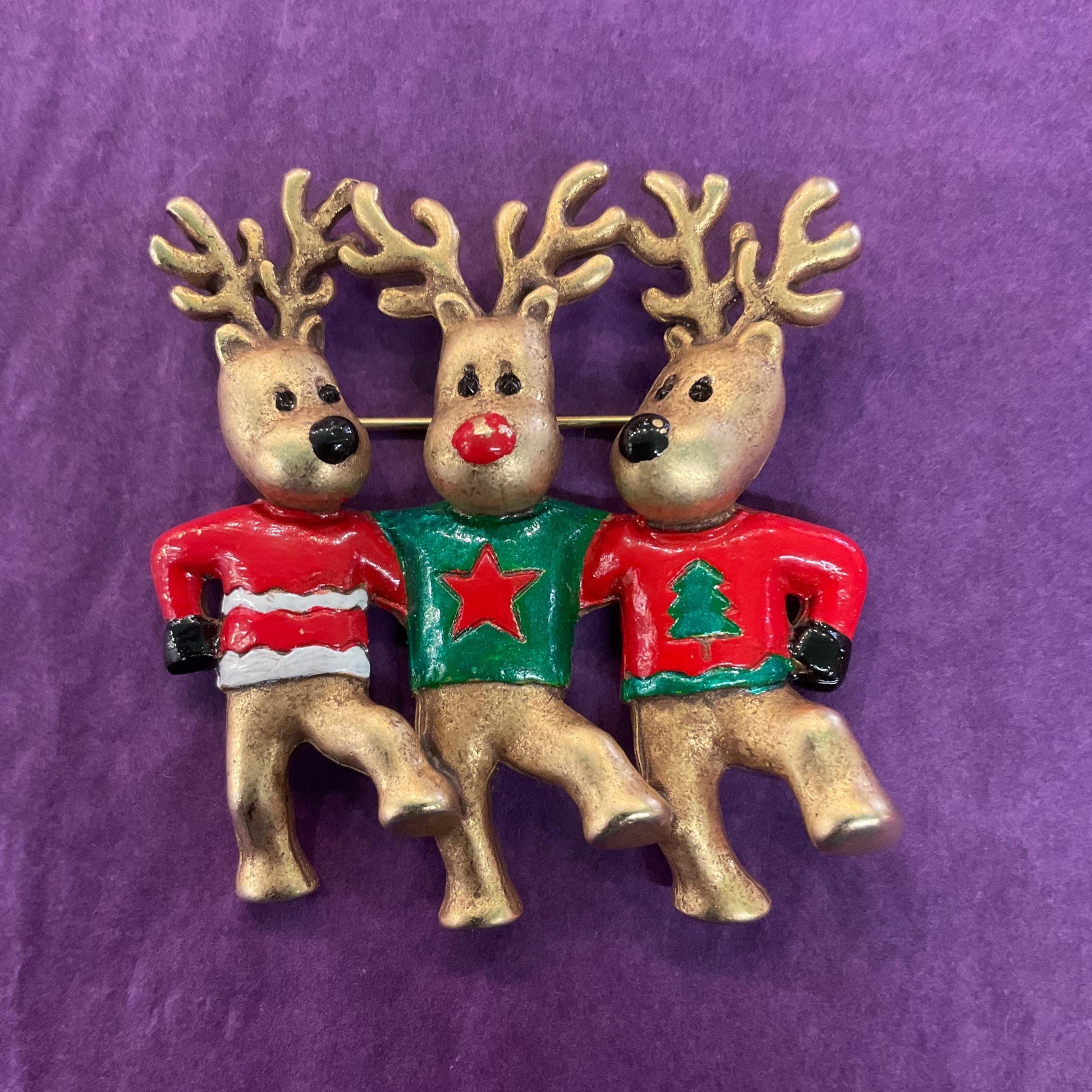 Vintage Butler and Wilson Large Dancing Rheindeer Christmas Brooch, Gold tone with Enamel Christmas Jumpers
