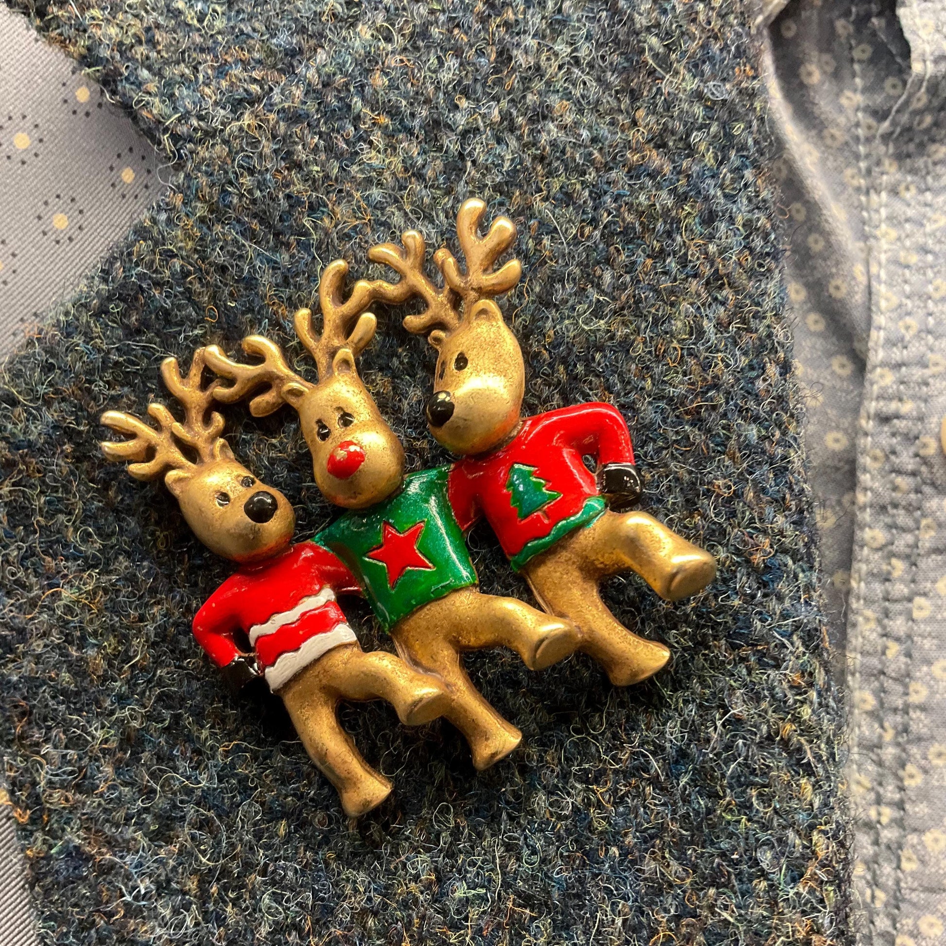 Vintage Butler and Wilson Large Dancing Rheindeer Christmas Brooch, Gold tone with Enamel Christmas Jumpers