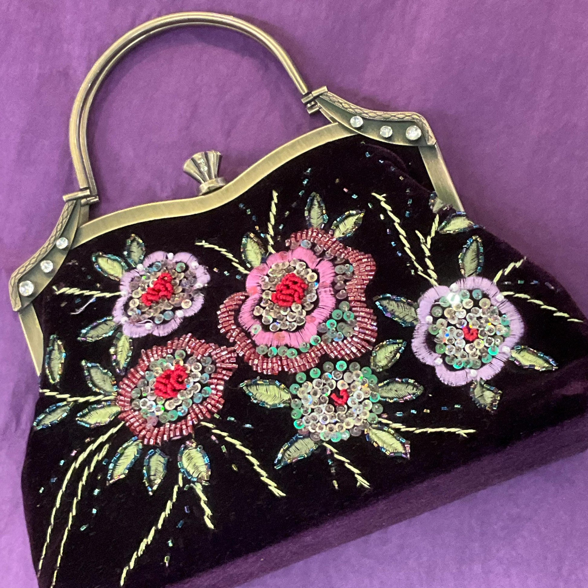 Vintage VENDULA Purple Velvet Embellished Evening Bag, Flower Embroidery with multicoloured sequins and Beads