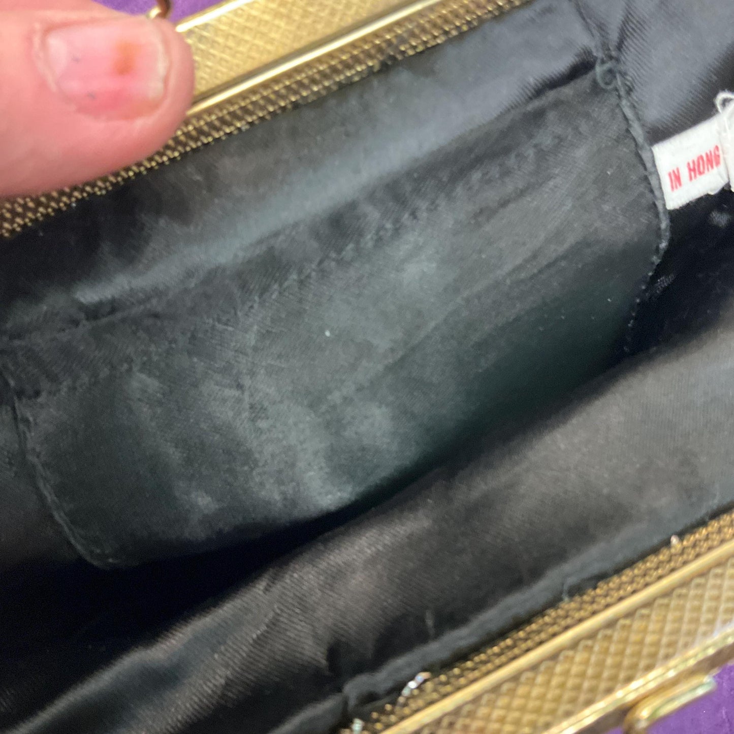 Vintage Mid Century Silver Metallic Lurex Evening Bag, Gold Beaded decoration and white lucite frame