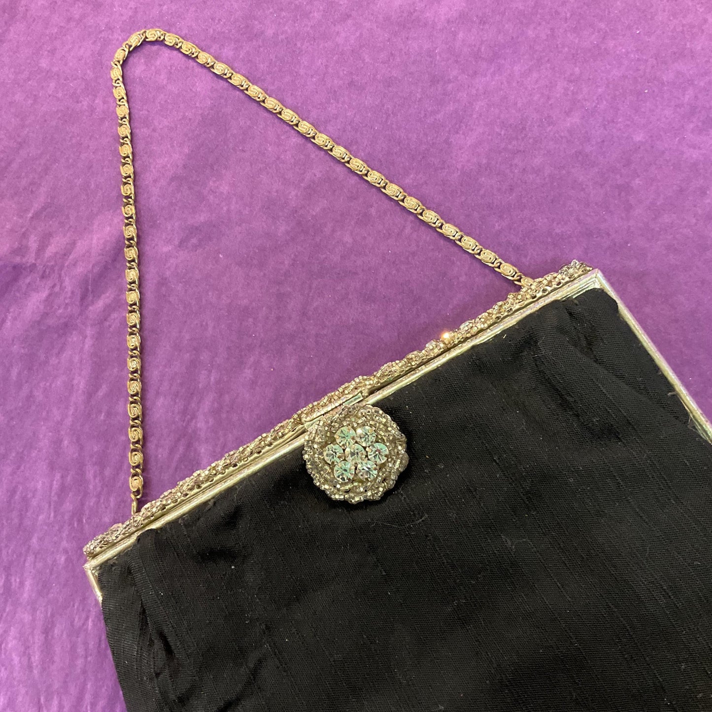 Vintage French Art Deco Black Silk Evening Bag by Dickens and Jones, Silver Crystal Clasp and beaded decoration