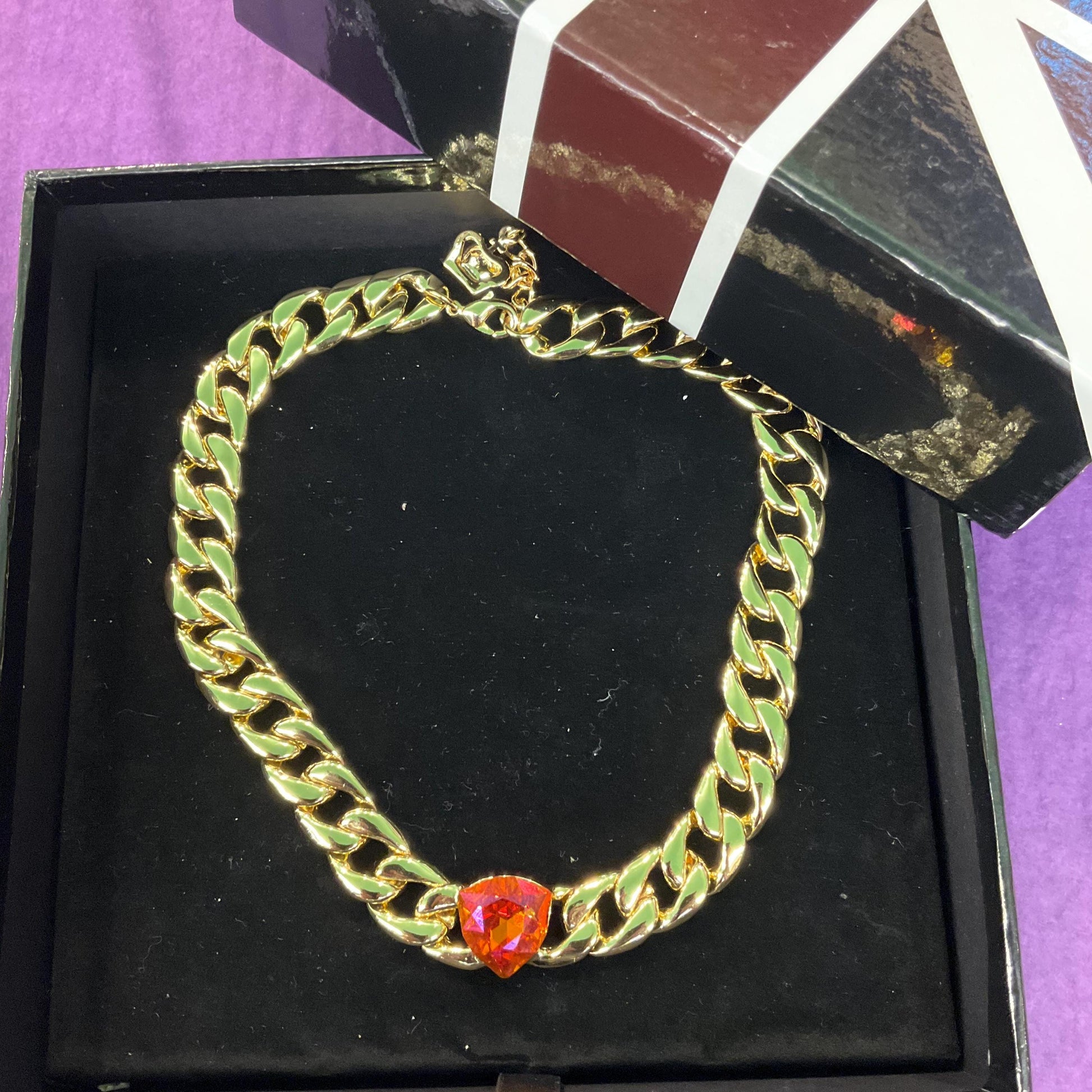 Vintage Butler and Wilson Gold Statement Crystal Chain Necklace, chunky curb chain with orange faceted Borealus Crystal, Signed