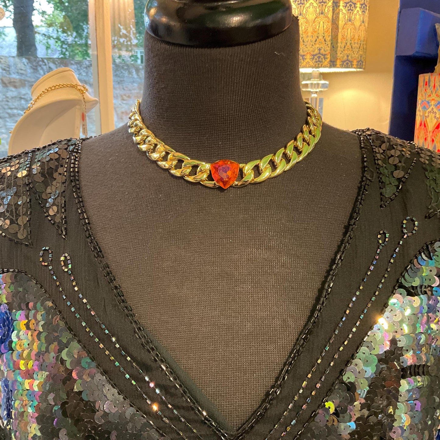 Vintage Butler and Wilson Gold Statement Crystal Chain Necklace, chunky curb chain with orange faceted Borealus Crystal, Signed