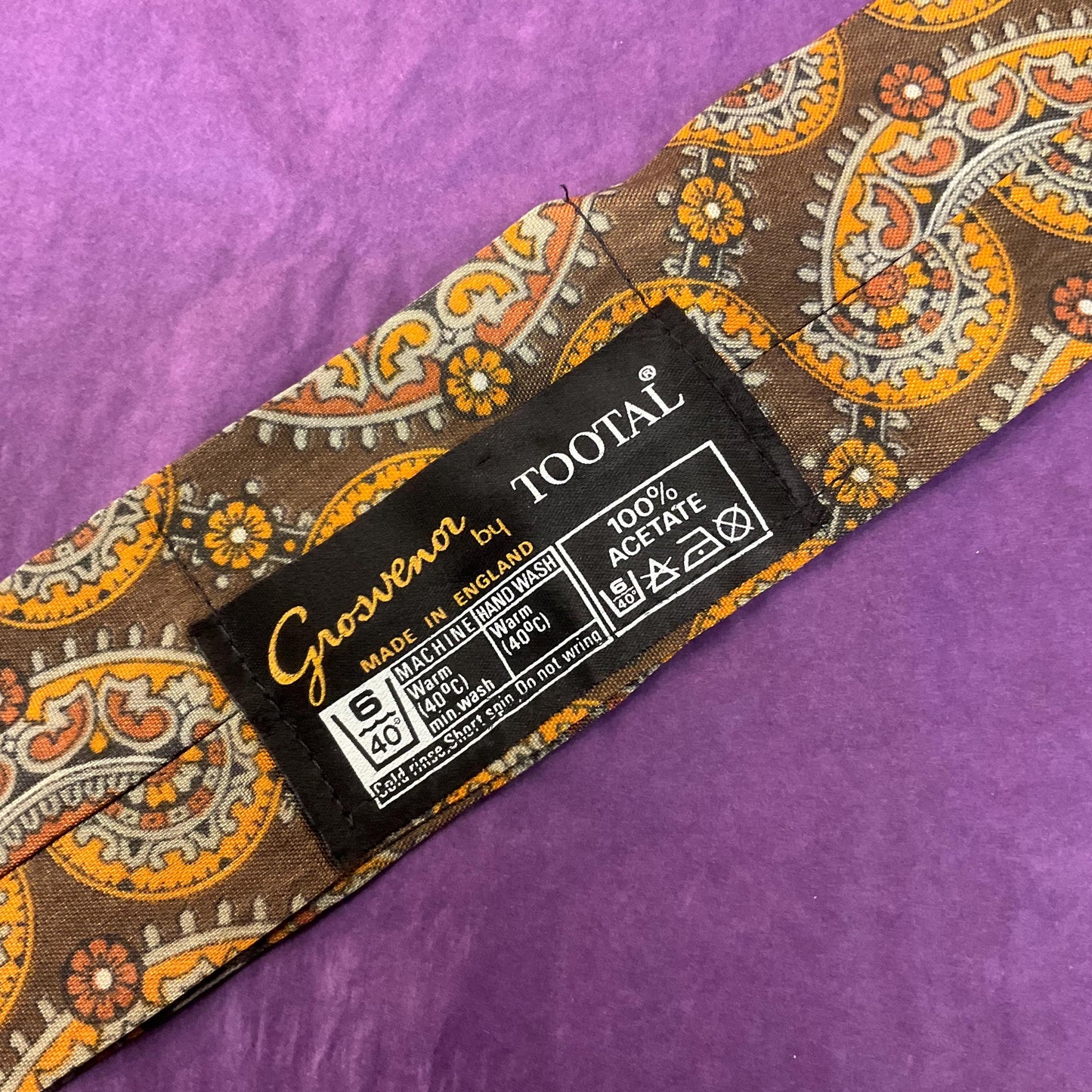 Vintage Gents Tootal ‘ Grosvenor’ Acetate Paisley Print Cravat, Shades of Bronze, Brown, Orange and Duck Egg, Vintage Man