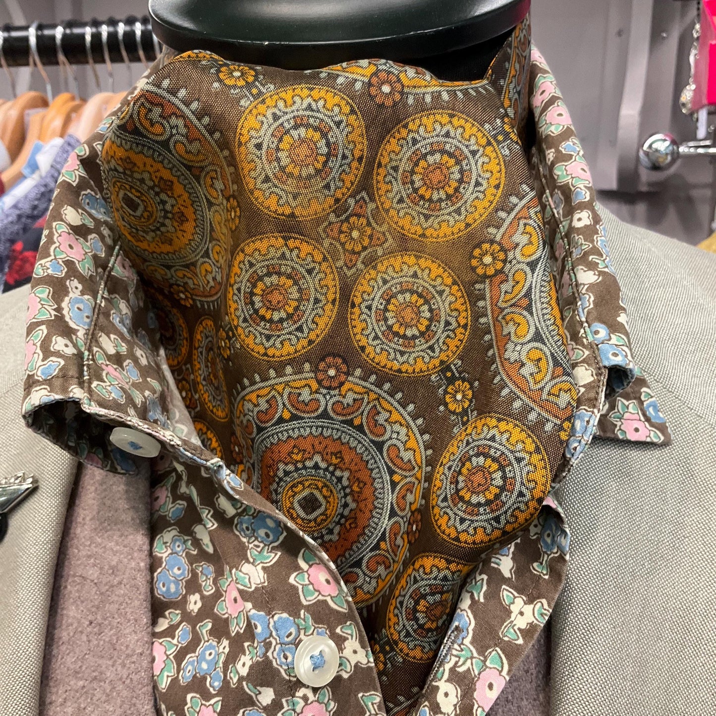 Vintage Gents Tootal ‘ Grosvenor’ Acetate Paisley Print Cravat, Shades of Bronze, Brown, Orange and Duck Egg, Vintage Man