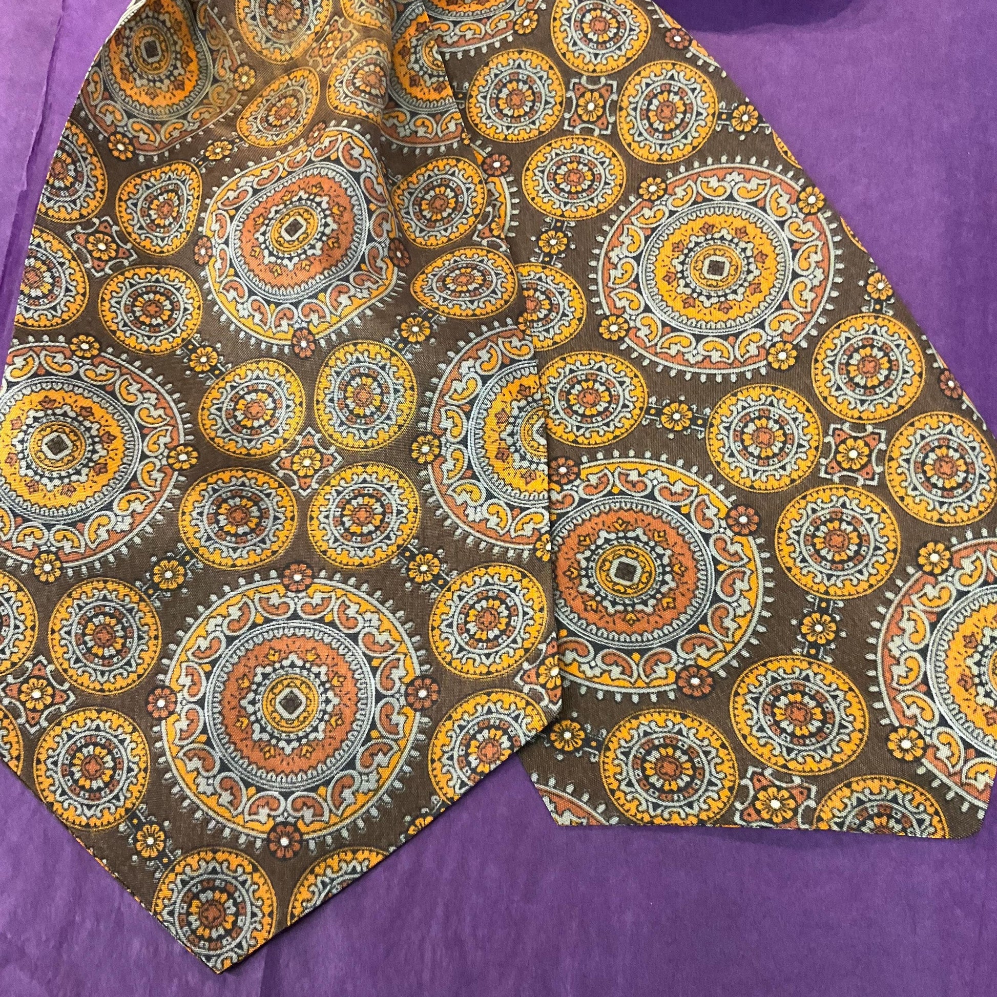 Vintage Gents Tootal ‘ Grosvenor’ Acetate Paisley Print Cravat, Shades of Bronze, Brown, Orange and Duck Egg, Vintage Man