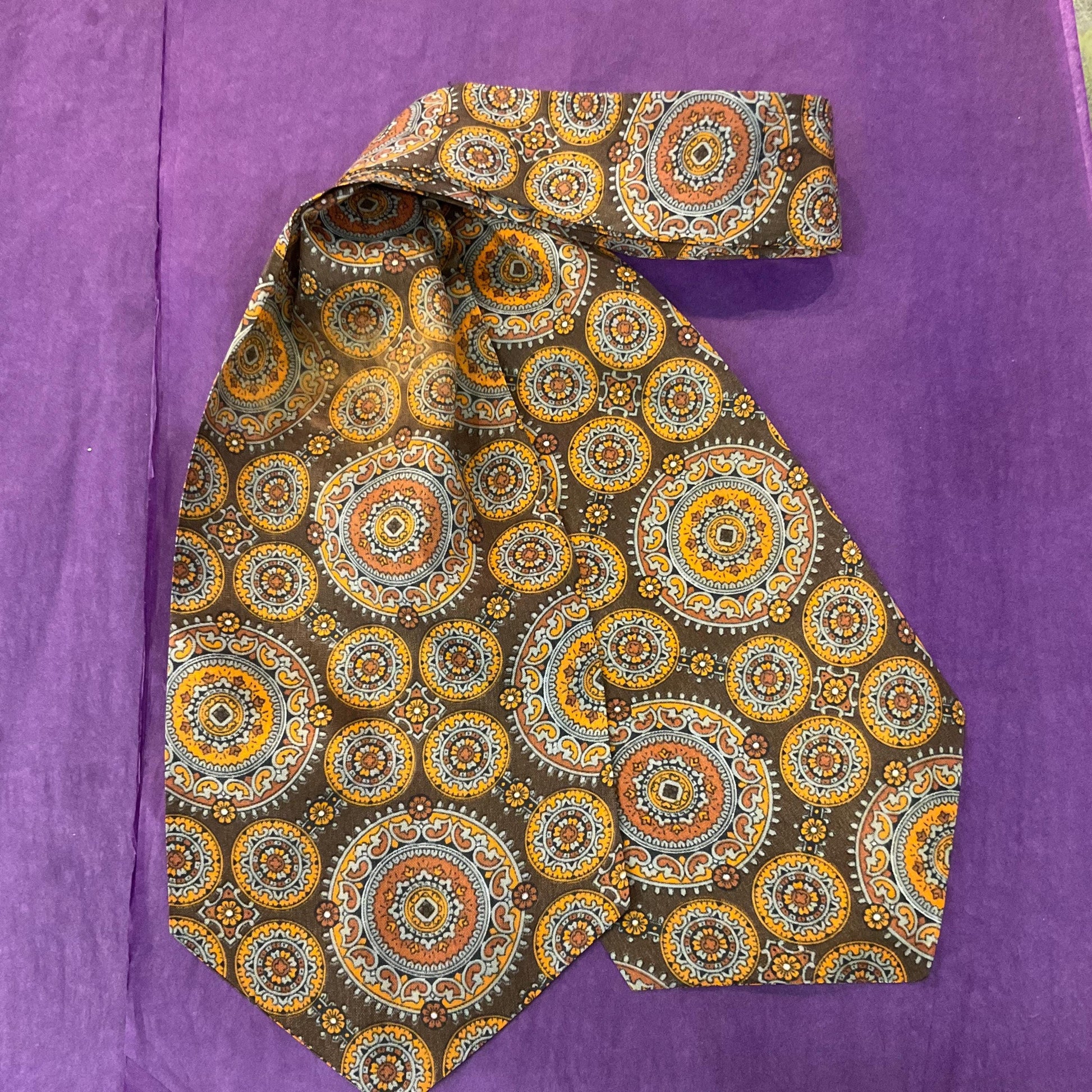 Vintage Gents Tootal ‘ Grosvenor’ Acetate Paisley Print Cravat, Shades of Bronze, Brown, Orange and Duck Egg, Vintage Man
