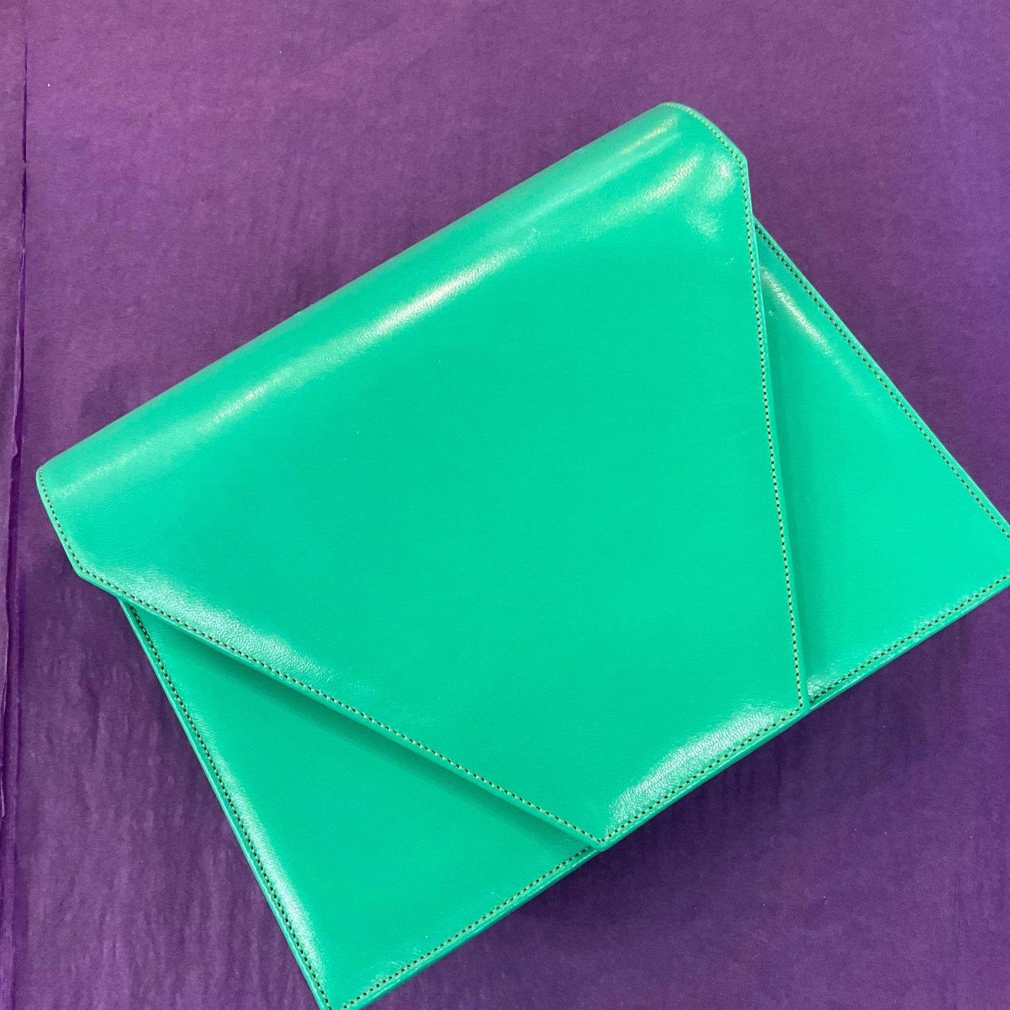 Vintage 1980s Jade Green Leather Large Clutch or Shoulder Bag by Jacques Vert, Rarely used in Original Box
