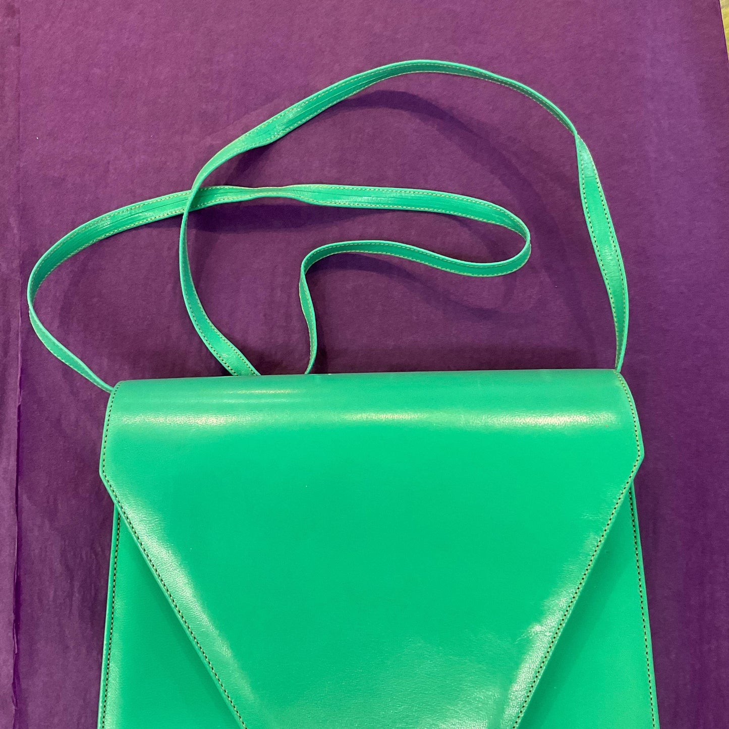 Vintage 1980s Jade Green Leather Large Clutch or Shoulder Bag by Jacques Vert, Rarely used in Original Box