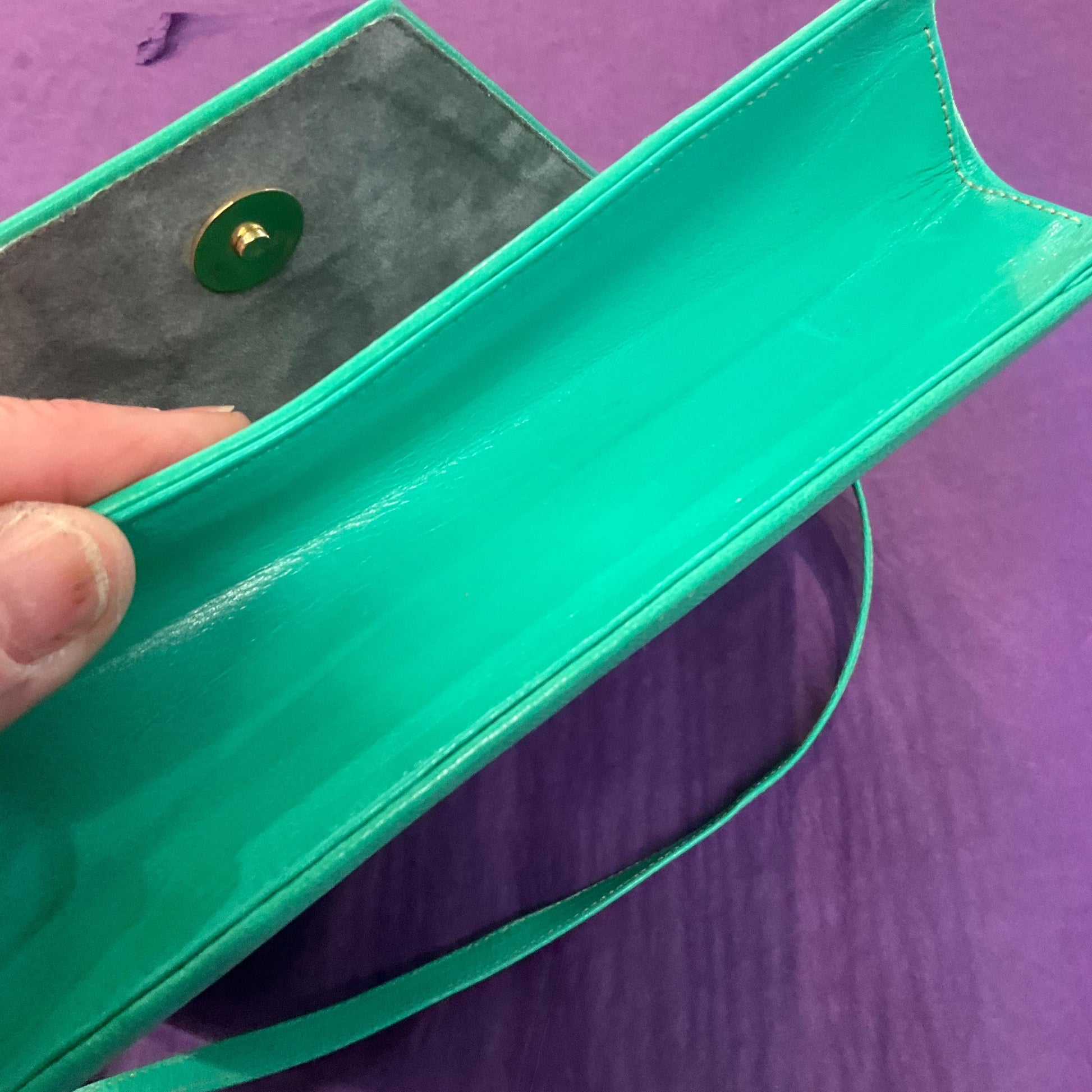 Vintage 1980s Jade Green Leather Large Clutch or Shoulder Bag by Jacques Vert, Rarely used in Original Box