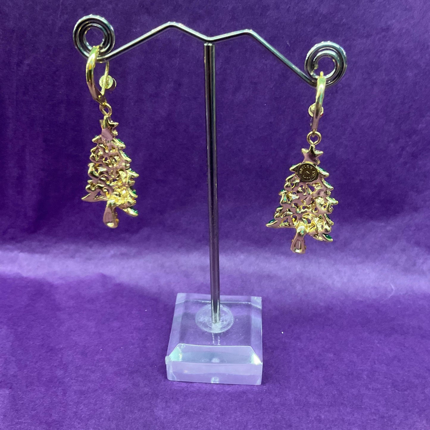 Vintage Butler and Wilson Crystal Christmas Tree Drop Earrings, Gold tone with multicoloured rhinestones