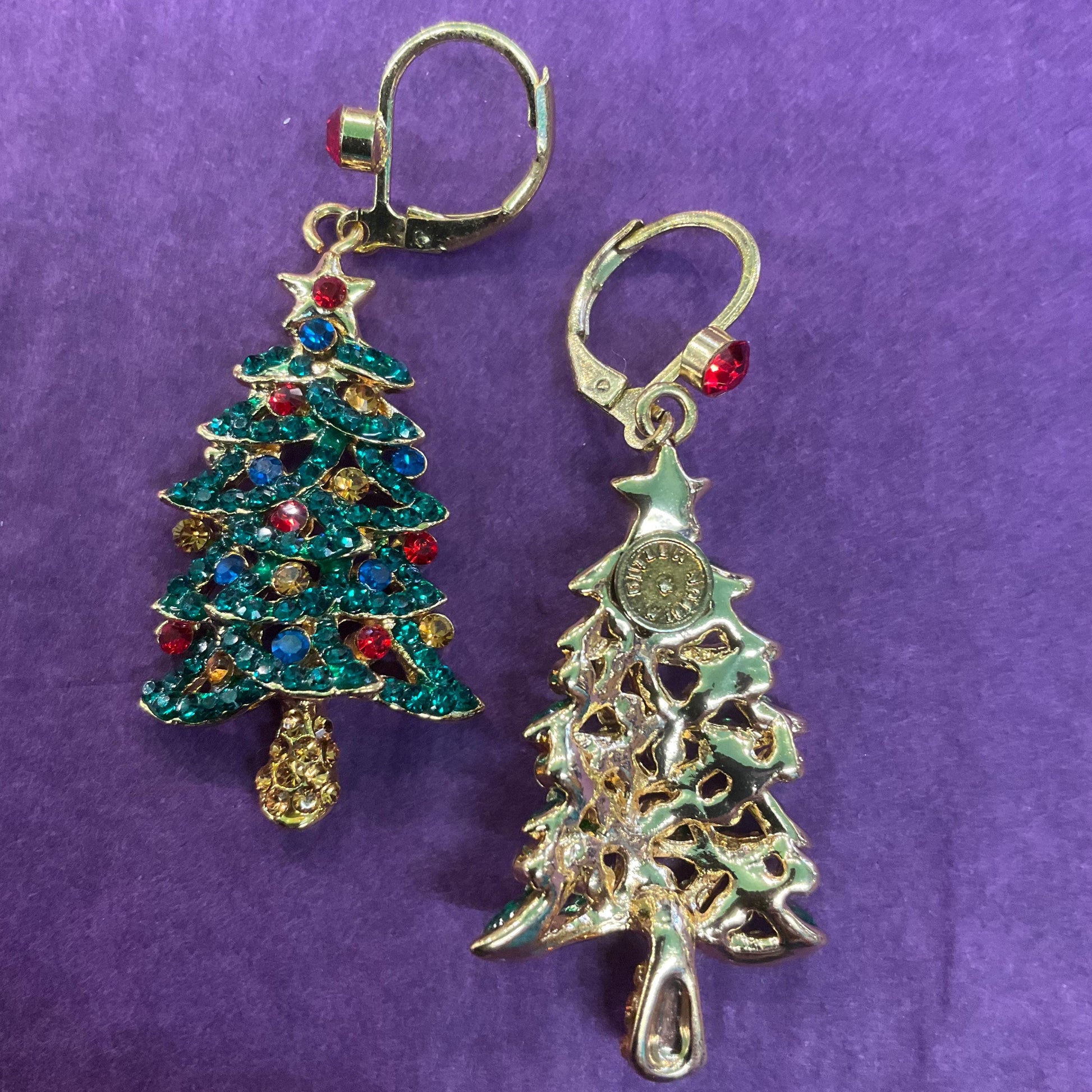 Vintage Butler and Wilson Crystal Christmas Tree Drop Earrings, Gold tone with multicoloured rhinestones