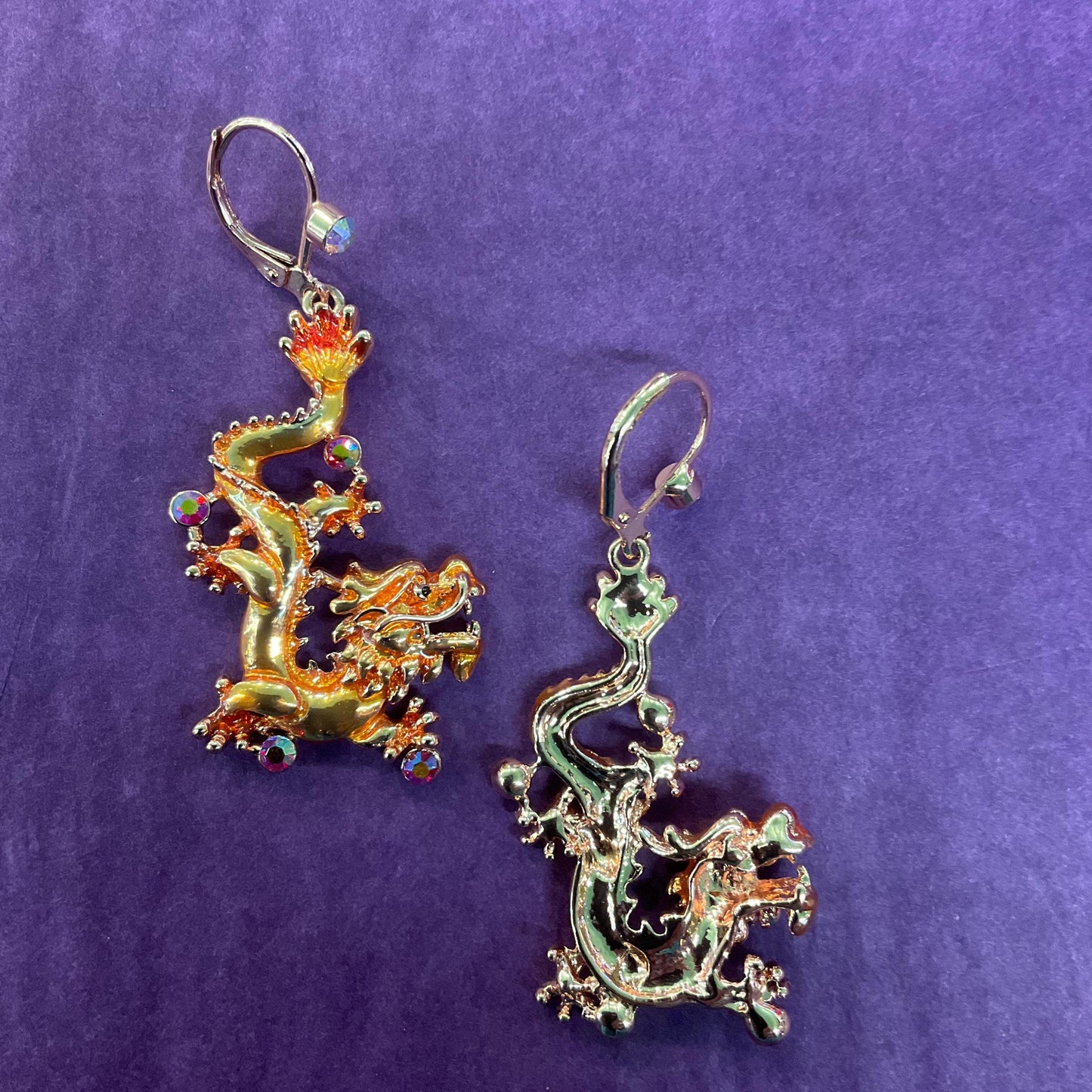 Vintage Butler and Wilson Chinese Golden Dragon Crystal Drop Earrings, Rose gold tone with red Borealis Rhinestones