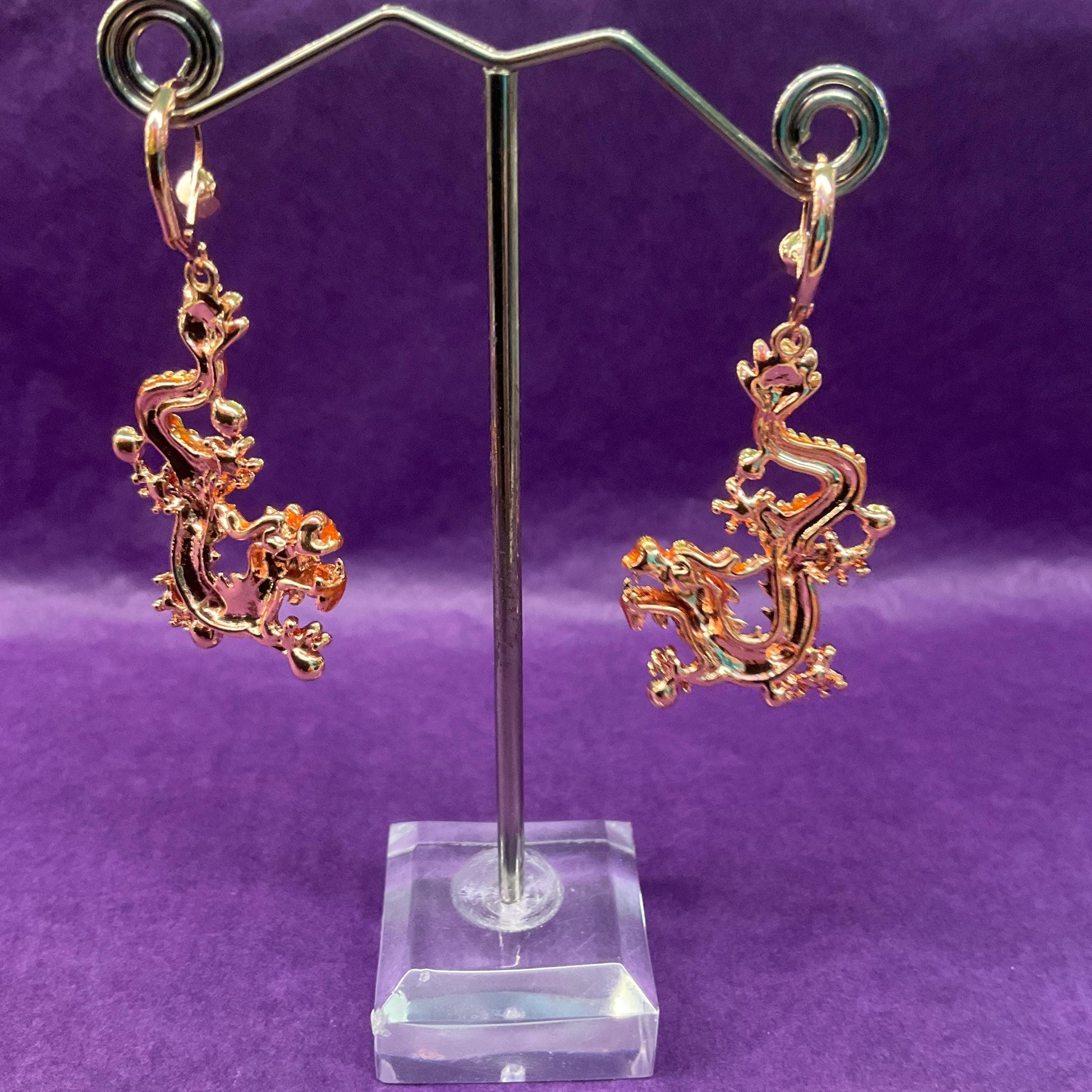 Vintage Butler and Wilson Chinese Golden Dragon Crystal Drop Earrings, Rose gold tone with red Borealis Rhinestones