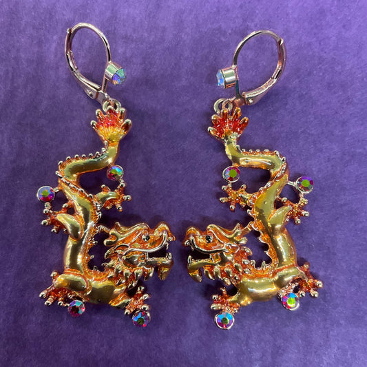 Vintage Butler and Wilson Chinese Golden Dragon Crystal Drop Earrings, Rose gold tone with red Borealis Rhinestones
