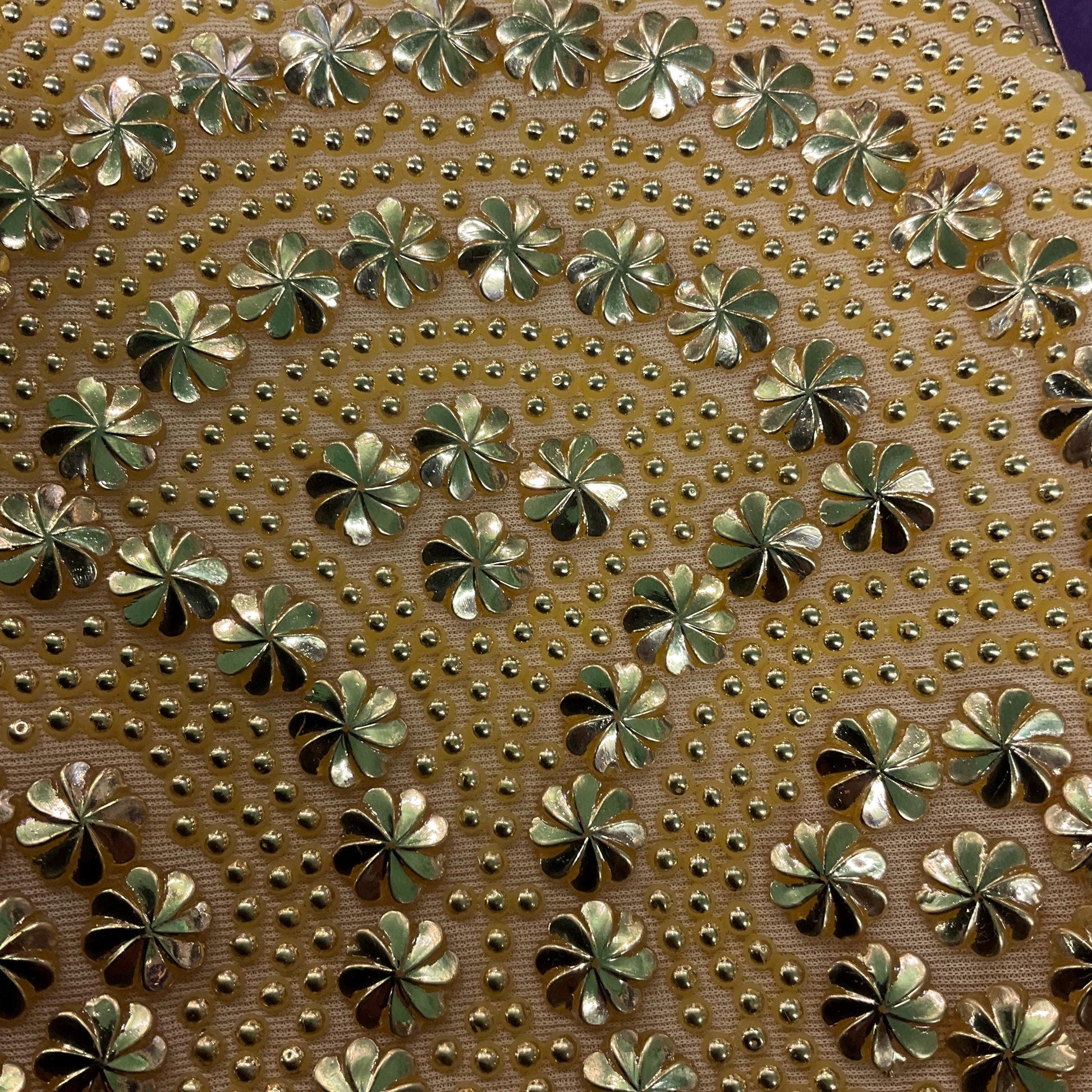 Vintage 1960s retro gold beaded evening bag by Golden Name, Bright gold bonded floral decoration.