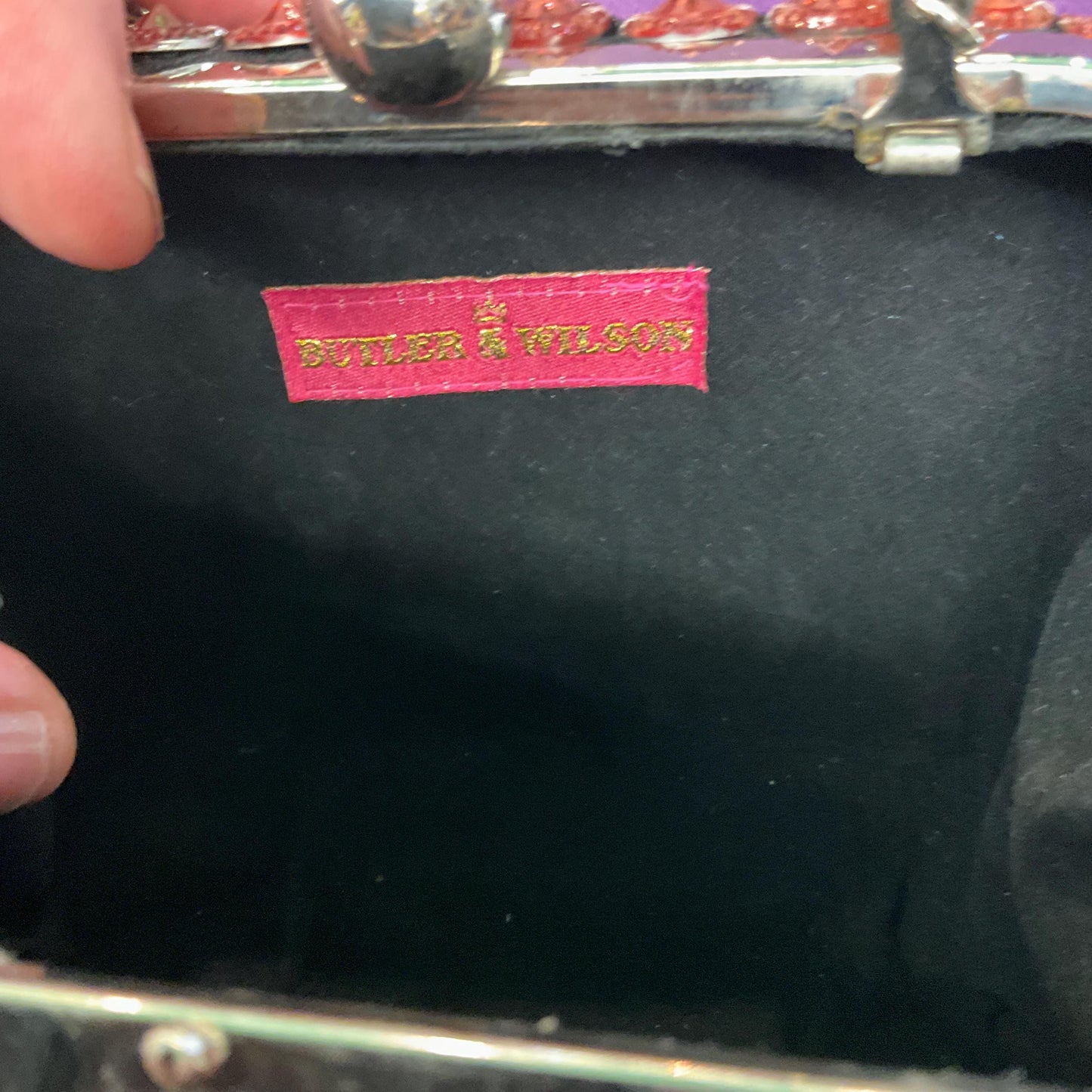 Vintage Butler and Wilson Black Velvet Bejewelled Evening Bag , Rose gold and copper Cabuchons, clutch or Shoulder Bag