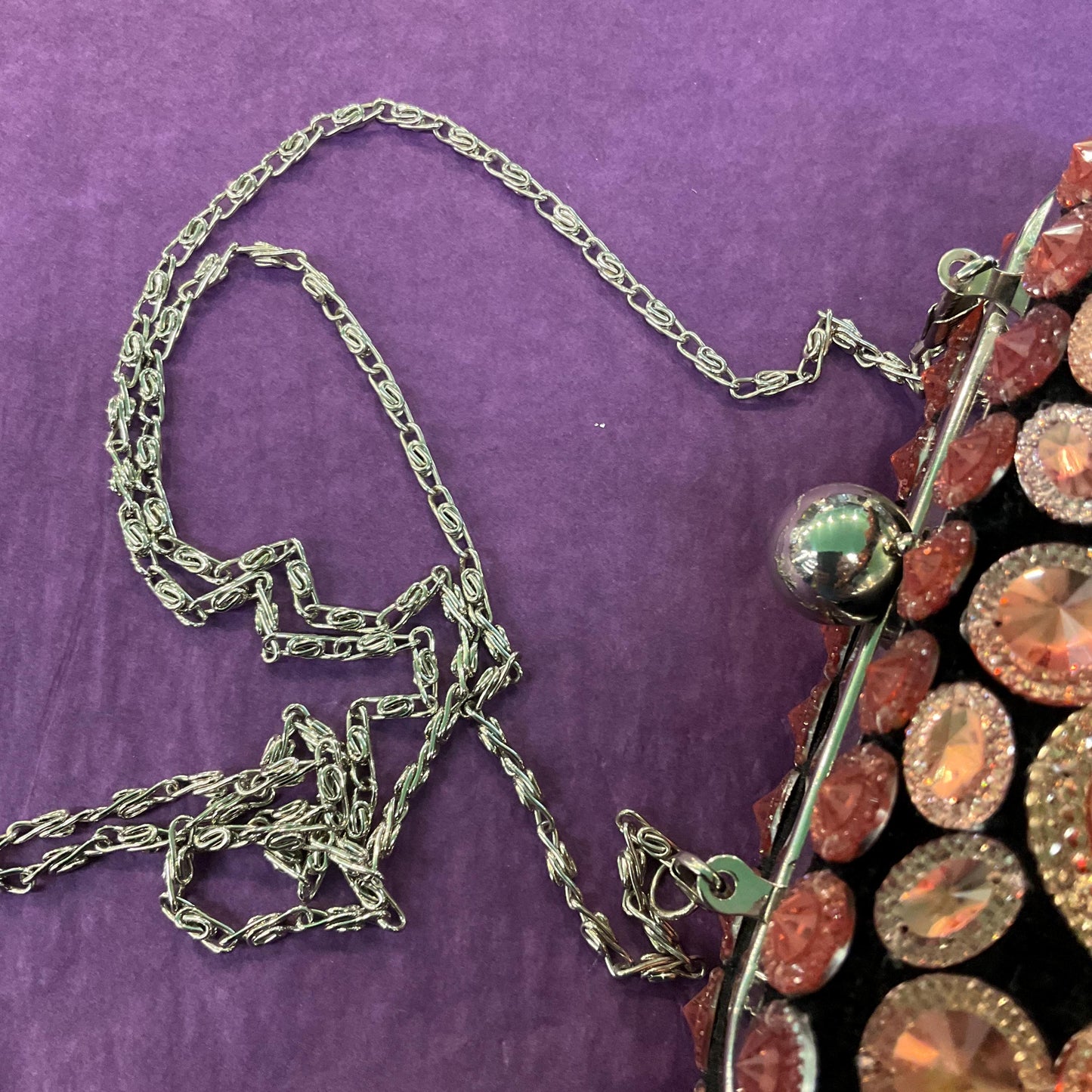 Vintage Butler and Wilson Black Velvet Bejewelled Evening Bag , Rose gold and copper Cabuchons, clutch or Shoulder Bag