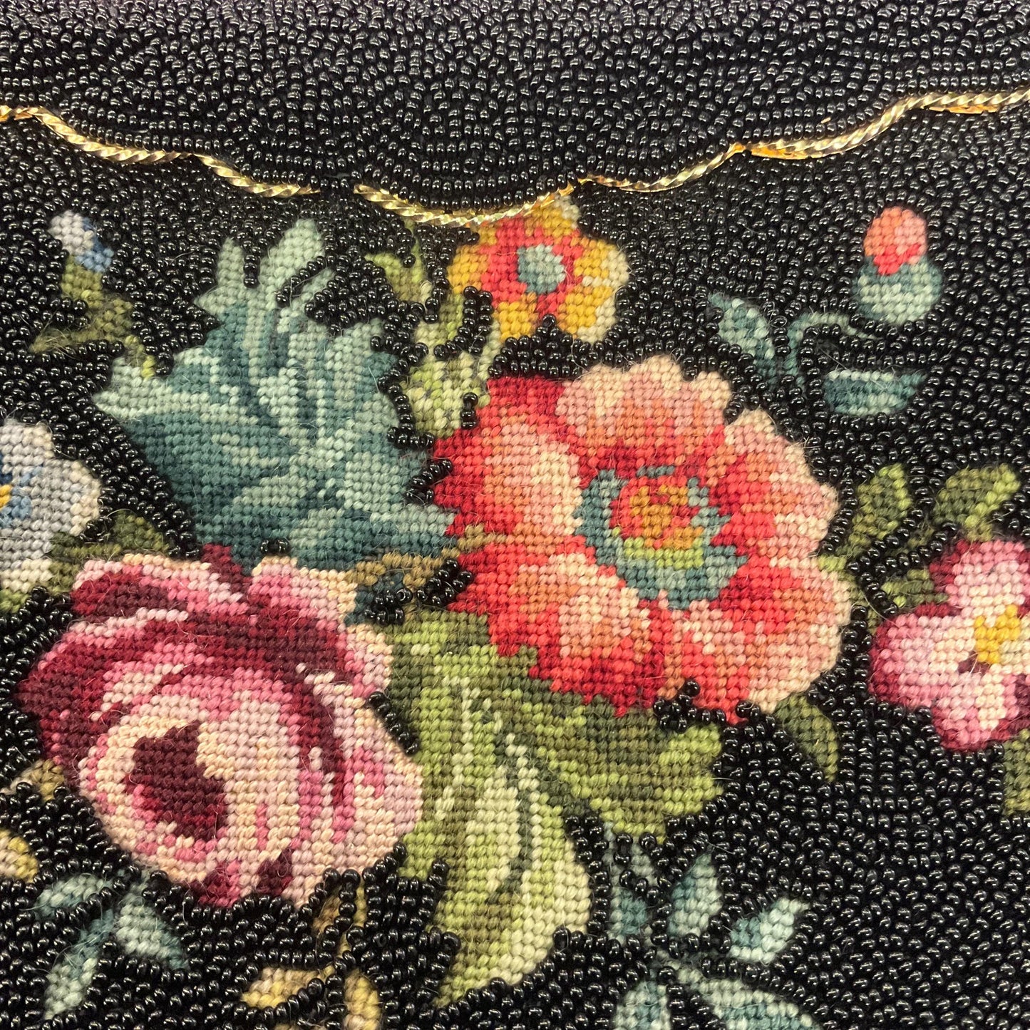 Vintage 1950s Hand Beaded Floral Petite Pointe Embroidered Eveing Bag, Lucky Sixpence 1955 inside, Formal Event