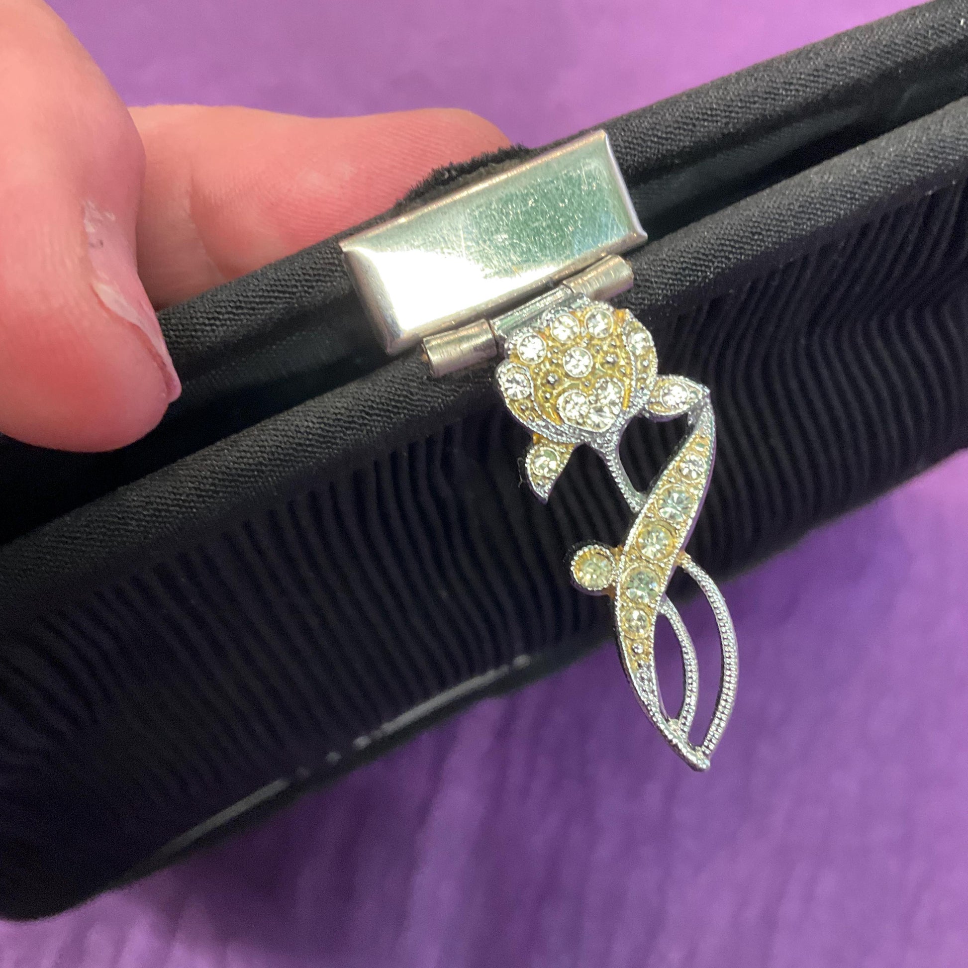 Antique Art Deco Black Crepe Silk Evening Bag by CFR, silver flower clasp, original vanity mirror and George VI sixpence