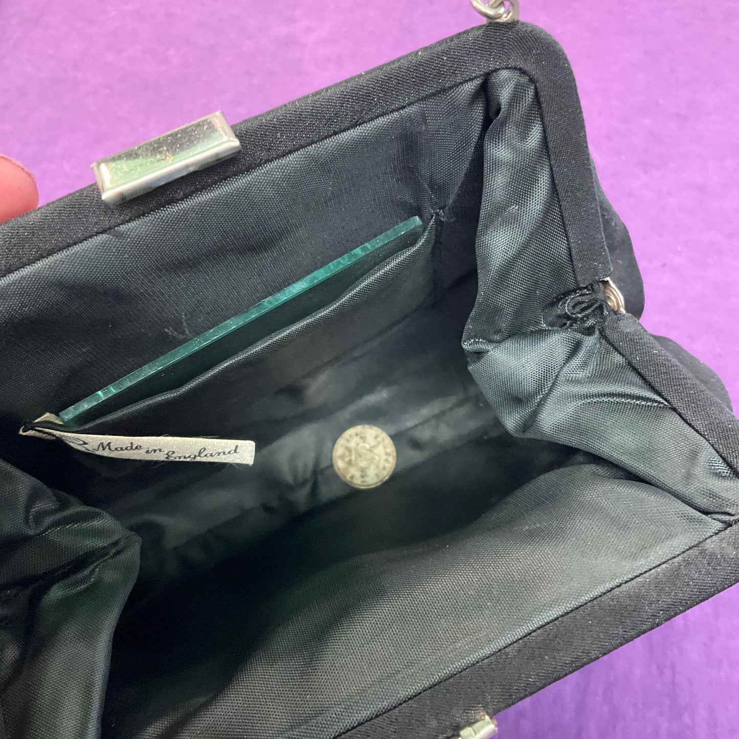 Antique Art Deco Black Crepe Silk Evening Bag by CFR, silver flower clasp, original vanity mirror and George VI sixpence