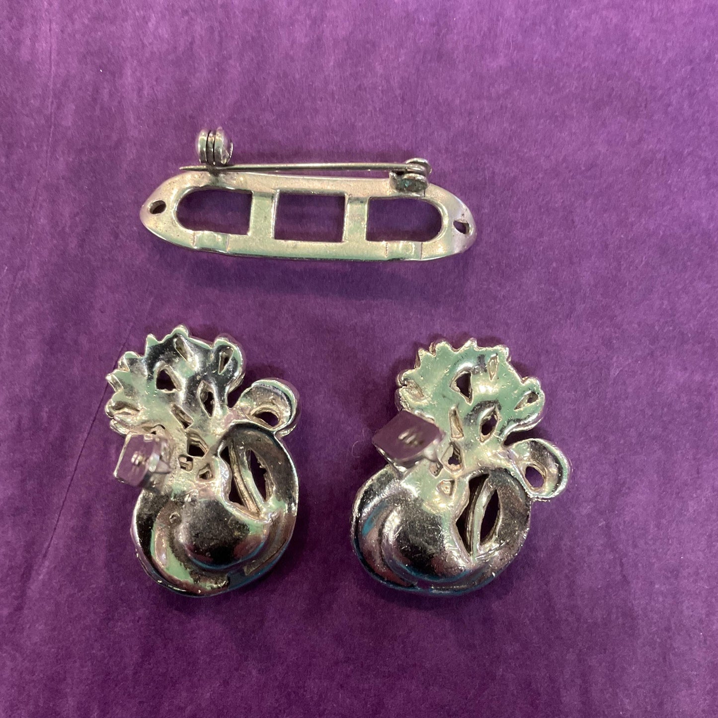 Antique Art Deco Silver Tone and Marcasite Brooch or Dress Clips, Flapper Girl, Great Gatsby