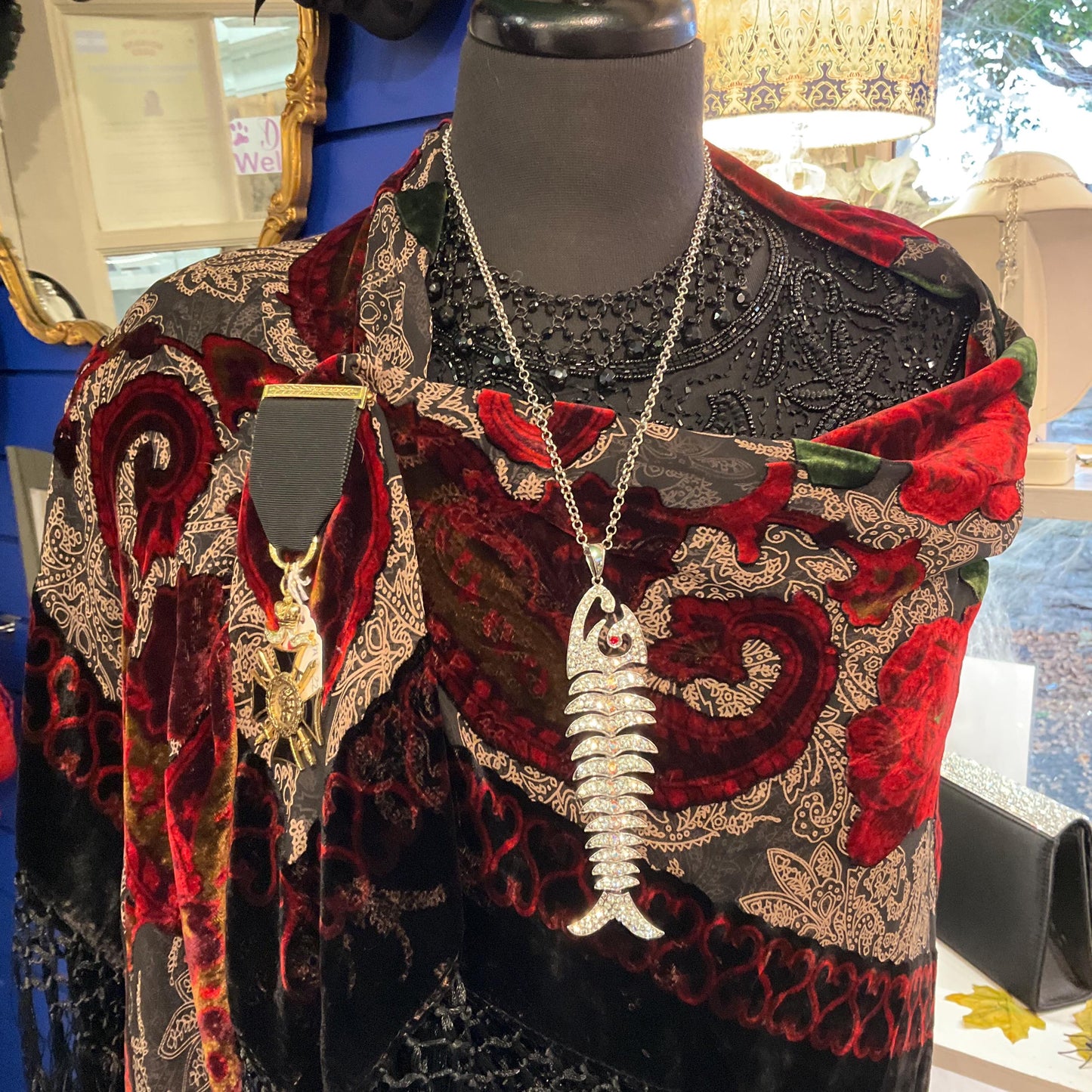 Vintage Butler and Wilson Silver Crystal Articulated Long Pendant, silver tone with Aurora Borealis Crystals.