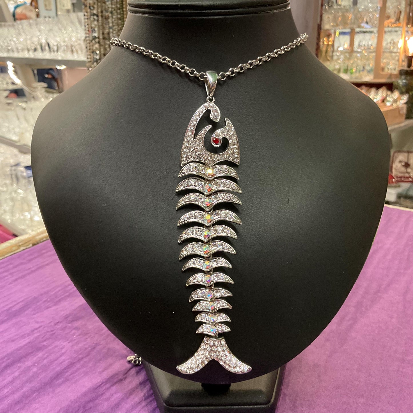 Vintage Butler and Wilson Silver Crystal Articulated Long Pendant, silver tone with Aurora Borealis Crystals.