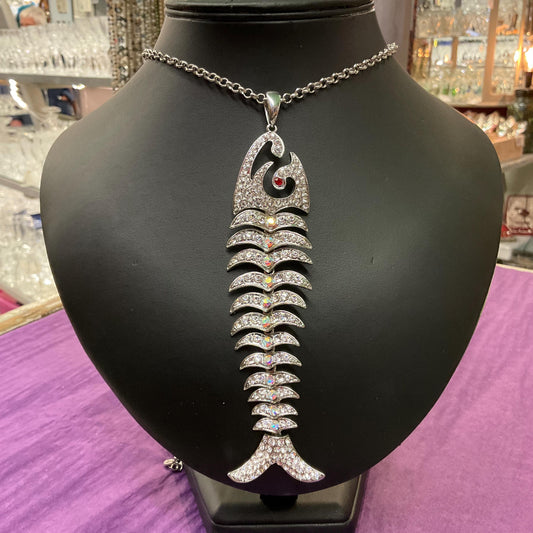 Vintage Butler and Wilson Silver Crystal Articulated Long Pendant, silver tone with Aurora Borealis Crystals.