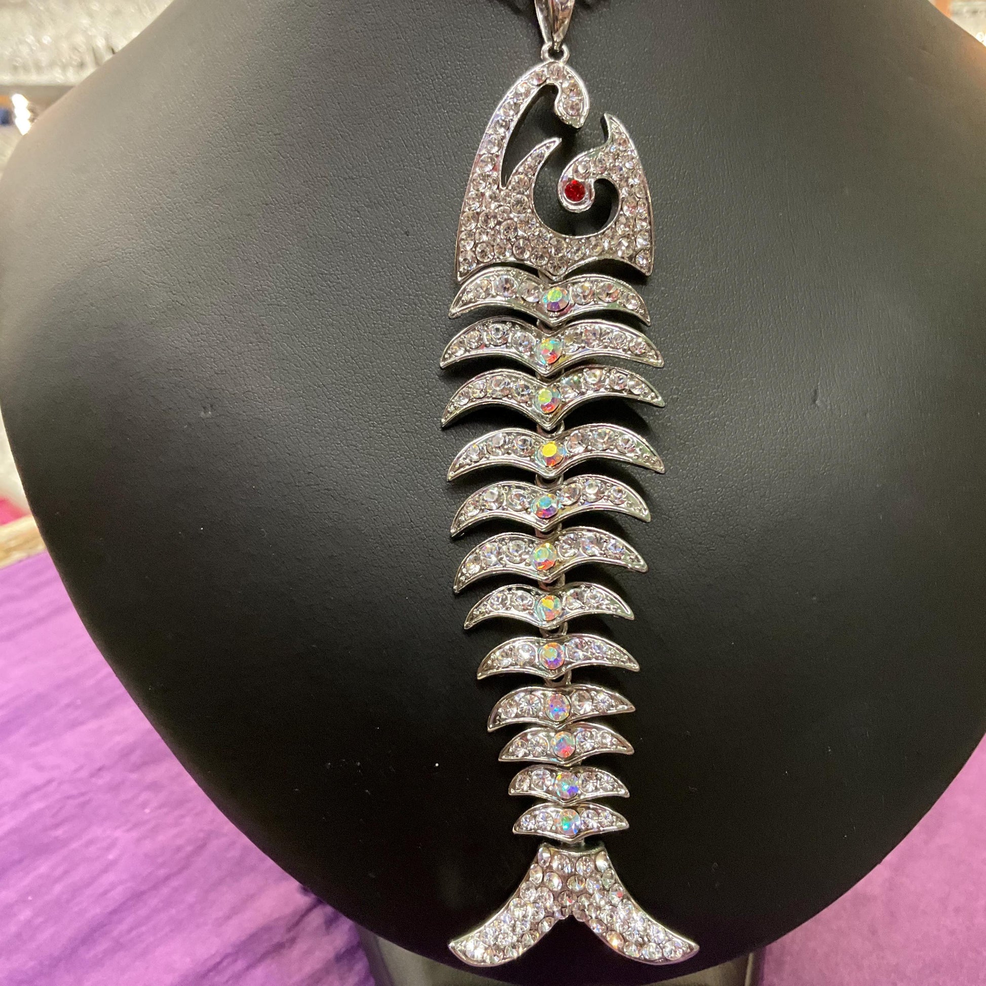 Vintage Butler and Wilson Silver Crystal Articulated Long Pendant, silver tone with Aurora Borealis Crystals.