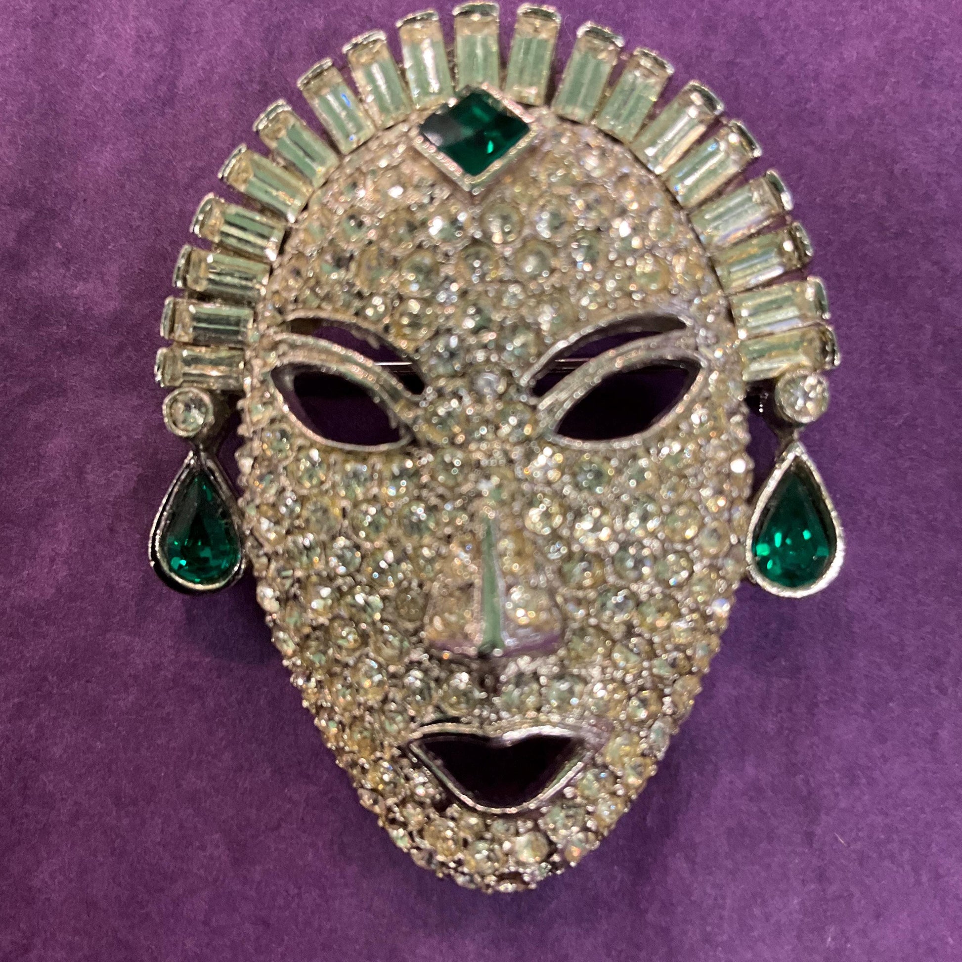 Vintage Butler and Wilson Silver Venetian Masquerade Mask Brooch, silver tone with silver and green crystals