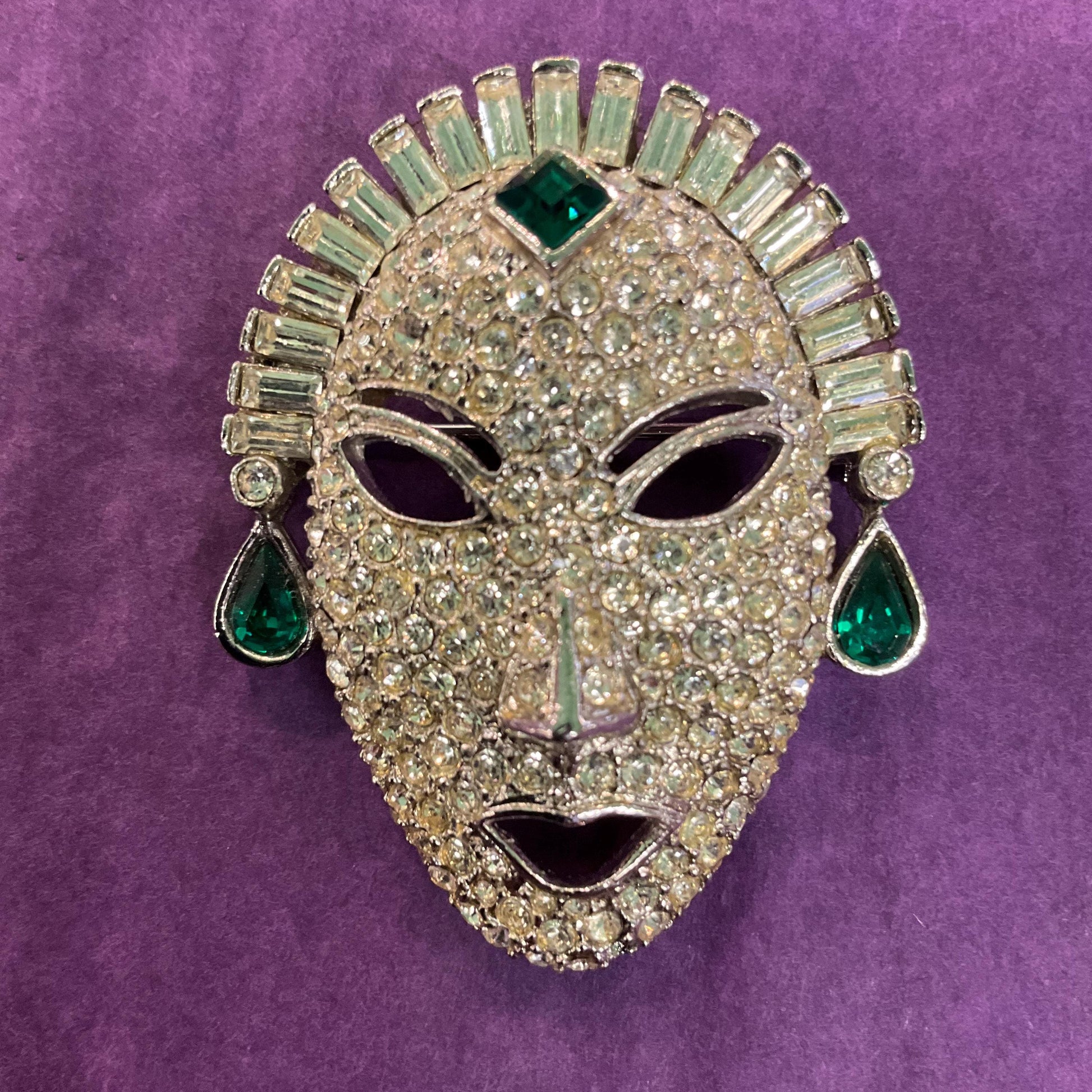 Vintage Butler and Wilson Silver Venetian Masquerade Mask Brooch, silver tone with silver and green crystals