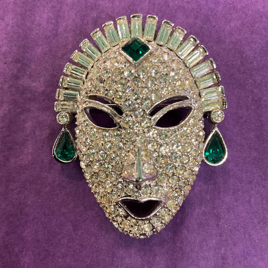 Vintage Butler and Wilson Silver Venetian Masquerade Mask Brooch, silver tone with silver and green crystals