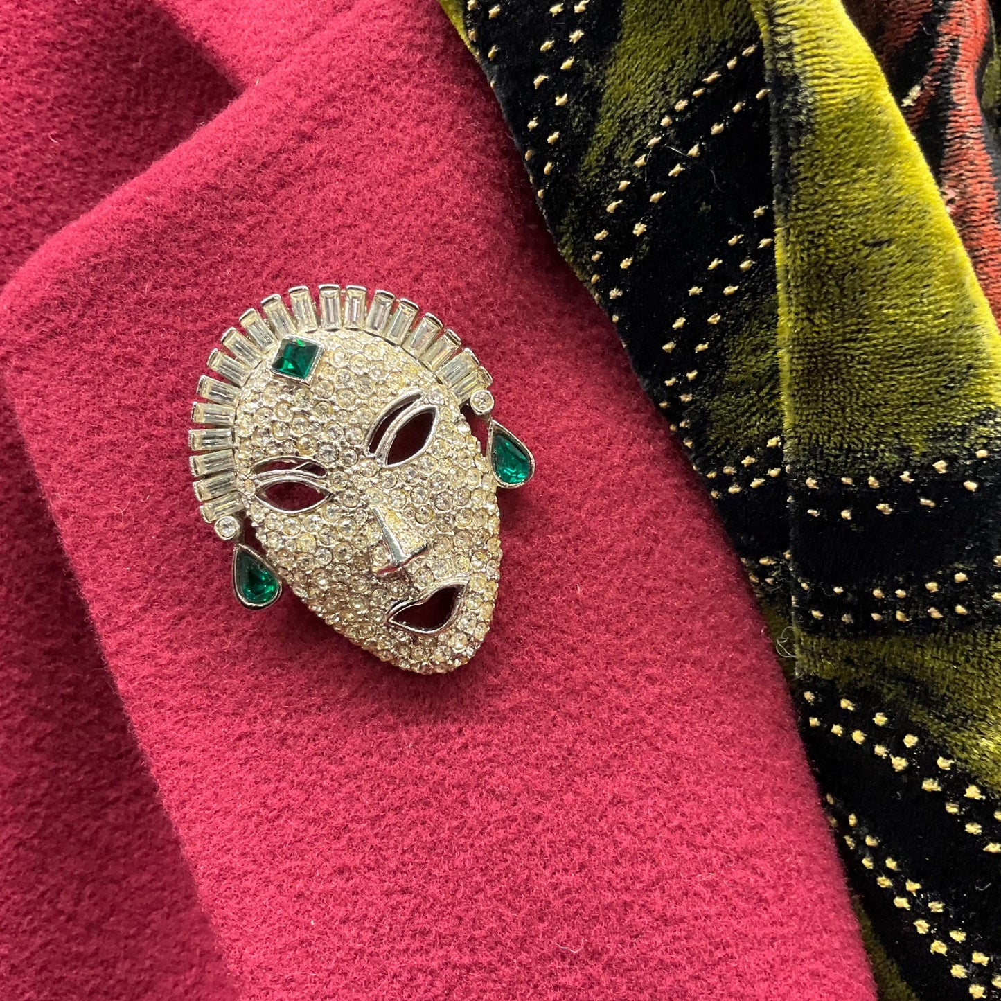 Vintage Butler and Wilson Silver Venetian Masquerade Mask Brooch, silver tone with silver and green crystals