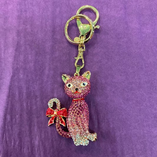 Vintage Butler and Wilson Pink Crystal Pussycat Handbag Charm / keyring, gold tone with silver and pink ombré crystals