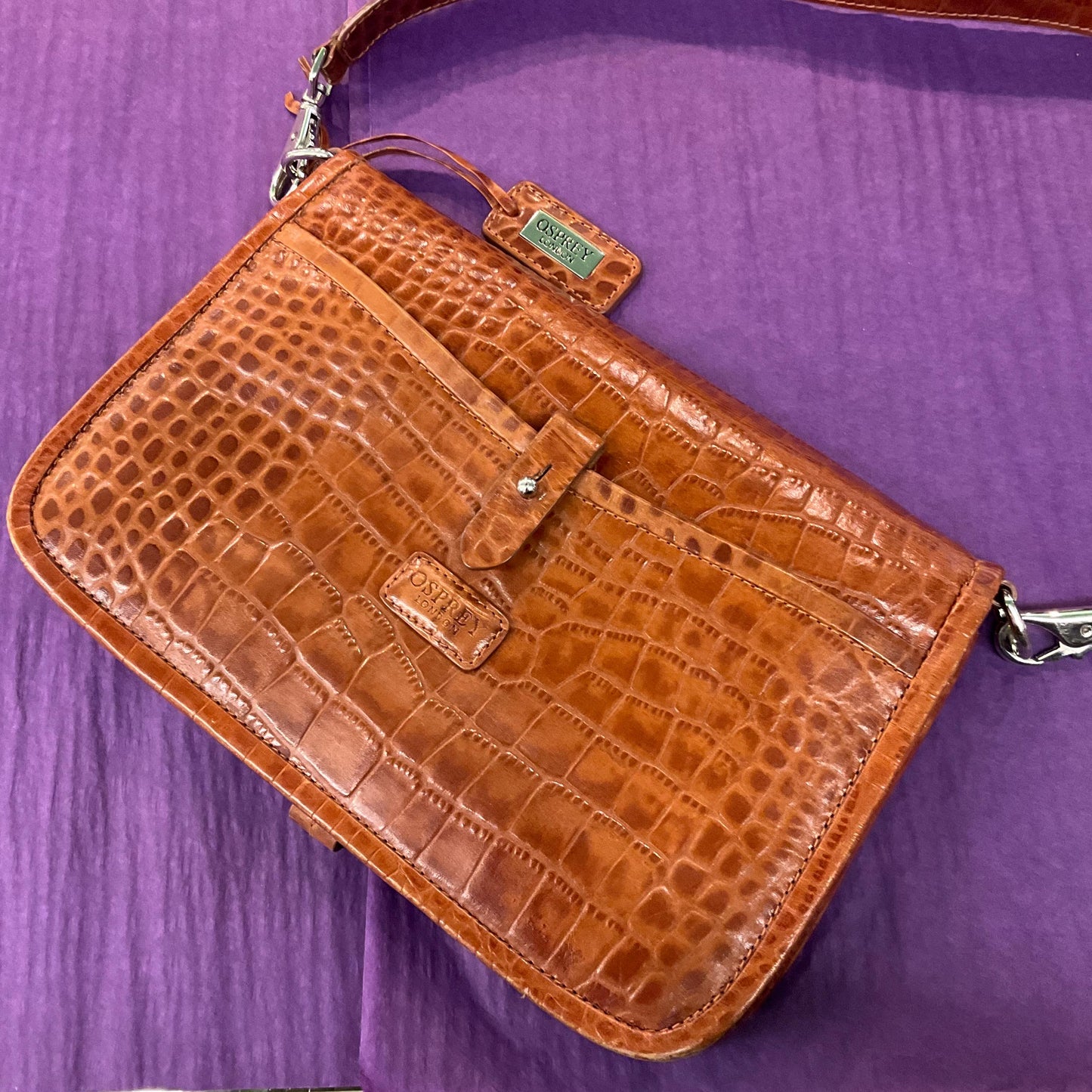 Vintage Osprey Tan Leather Mock Croc Shoulder Bag, Designed by Graeme Ellison
