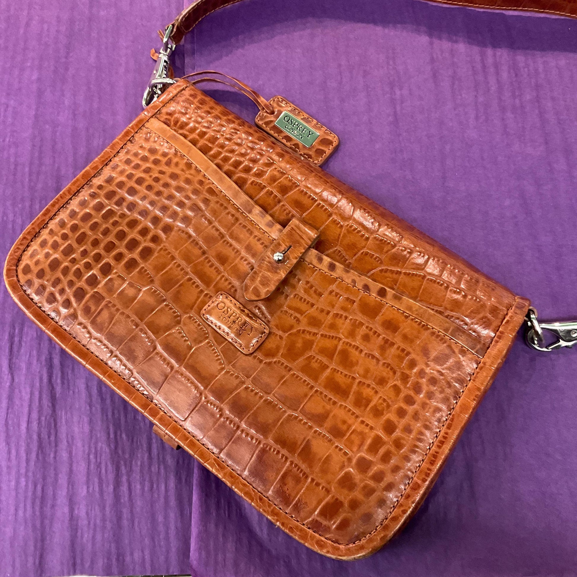 Vintage Osprey Tan Leather Mock Croc Shoulder Bag, Designed by Graeme Ellison