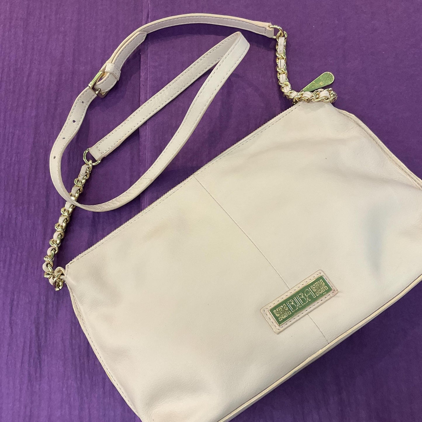 Vintage BIBA Cream Leather Shoulder Bag, Adjustable leather and Gold chain strap