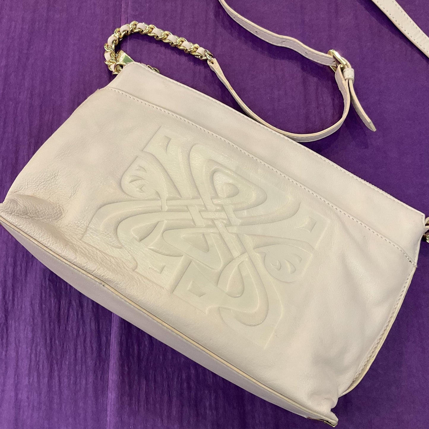 Vintage BIBA Cream Leather Shoulder Bag, Adjustable leather and Gold chain strap