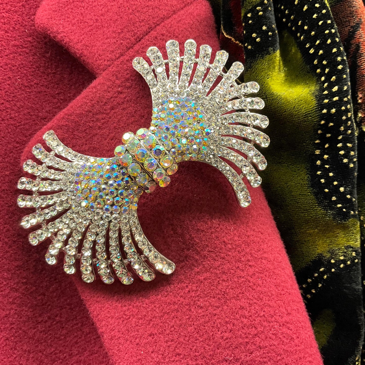 Vintage Butler and Wilson Large Art Deco Crystal Brooch, silver tone with silver and Aurora Borealis crystals