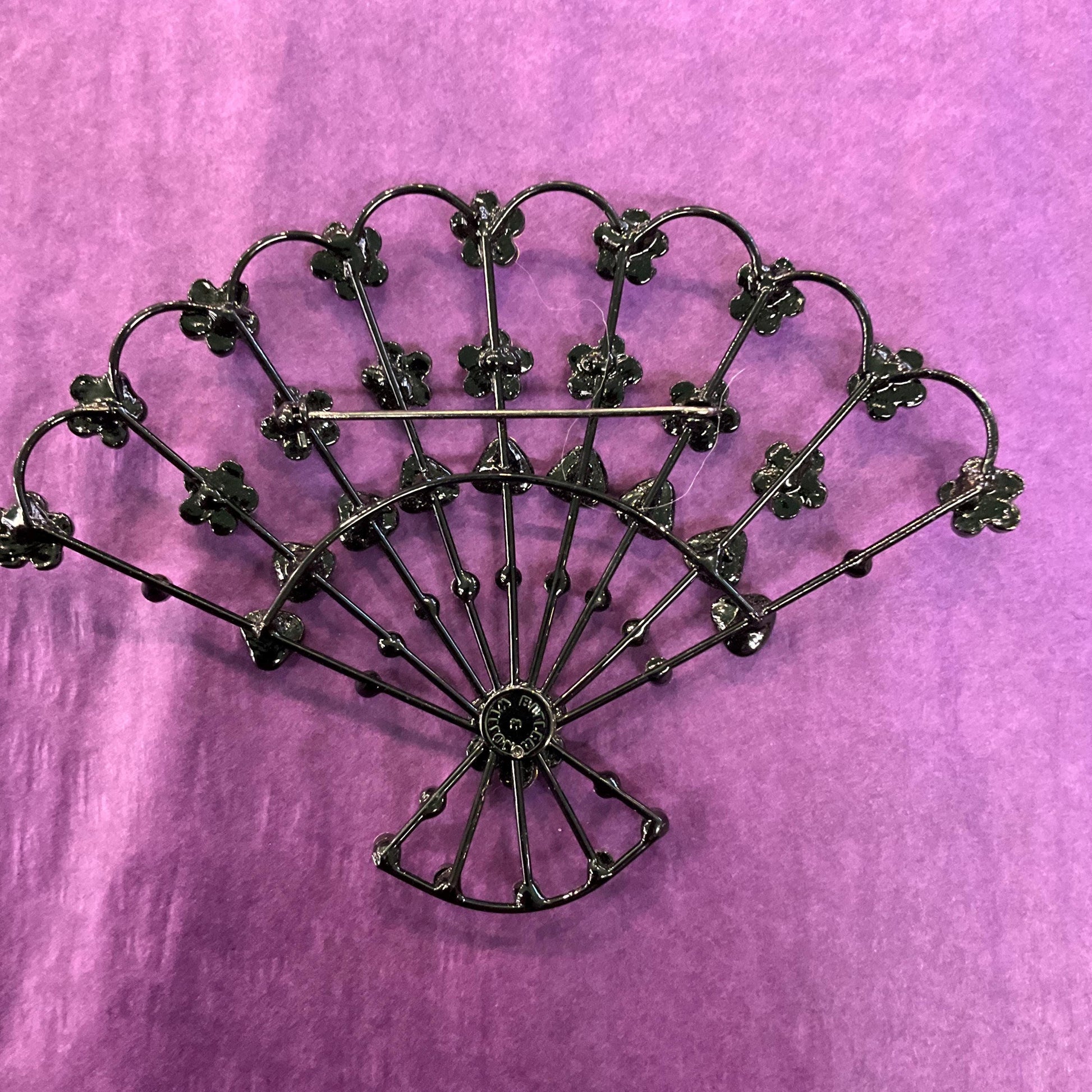Vintage Butler and Wilson Large Crystal Fan Brooch, Black metal with silver and Aurora Borealis rhinestones