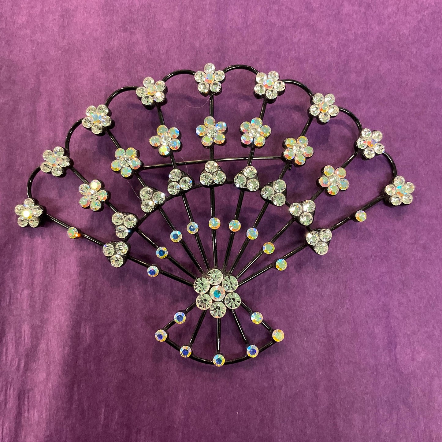 Vintage Butler and Wilson Large Crystal Fan Brooch, Black metal with silver and Aurora Borealis rhinestones
