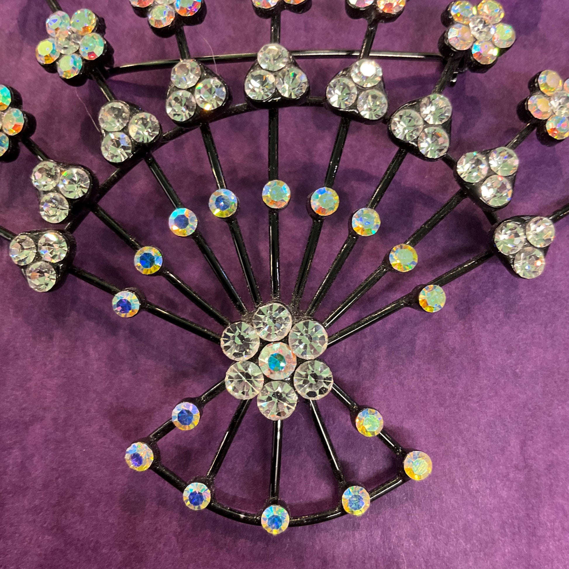 Vintage Butler and Wilson Large Crystal Fan Brooch, Black metal with silver and Aurora Borealis rhinestones
