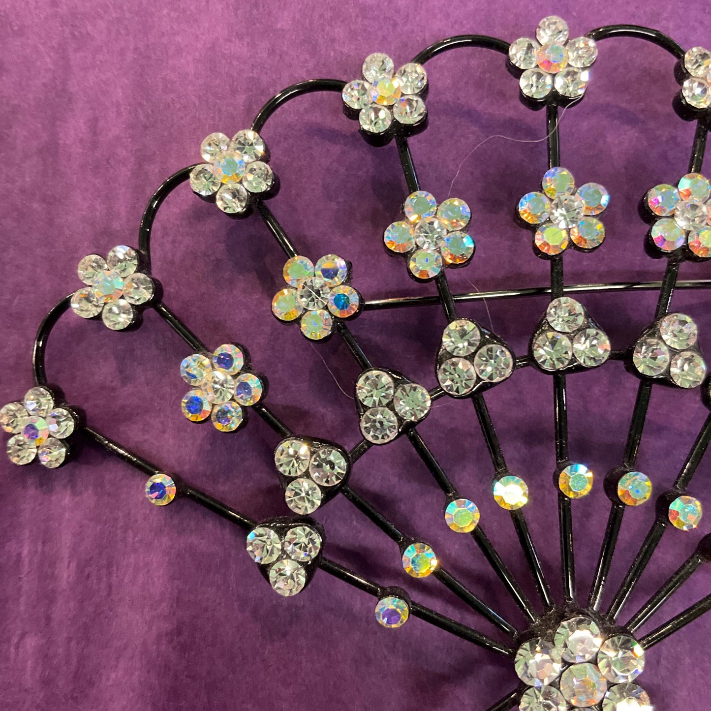 Vintage Butler and Wilson Large Crystal Fan Brooch, Black metal with silver and Aurora Borealis rhinestones