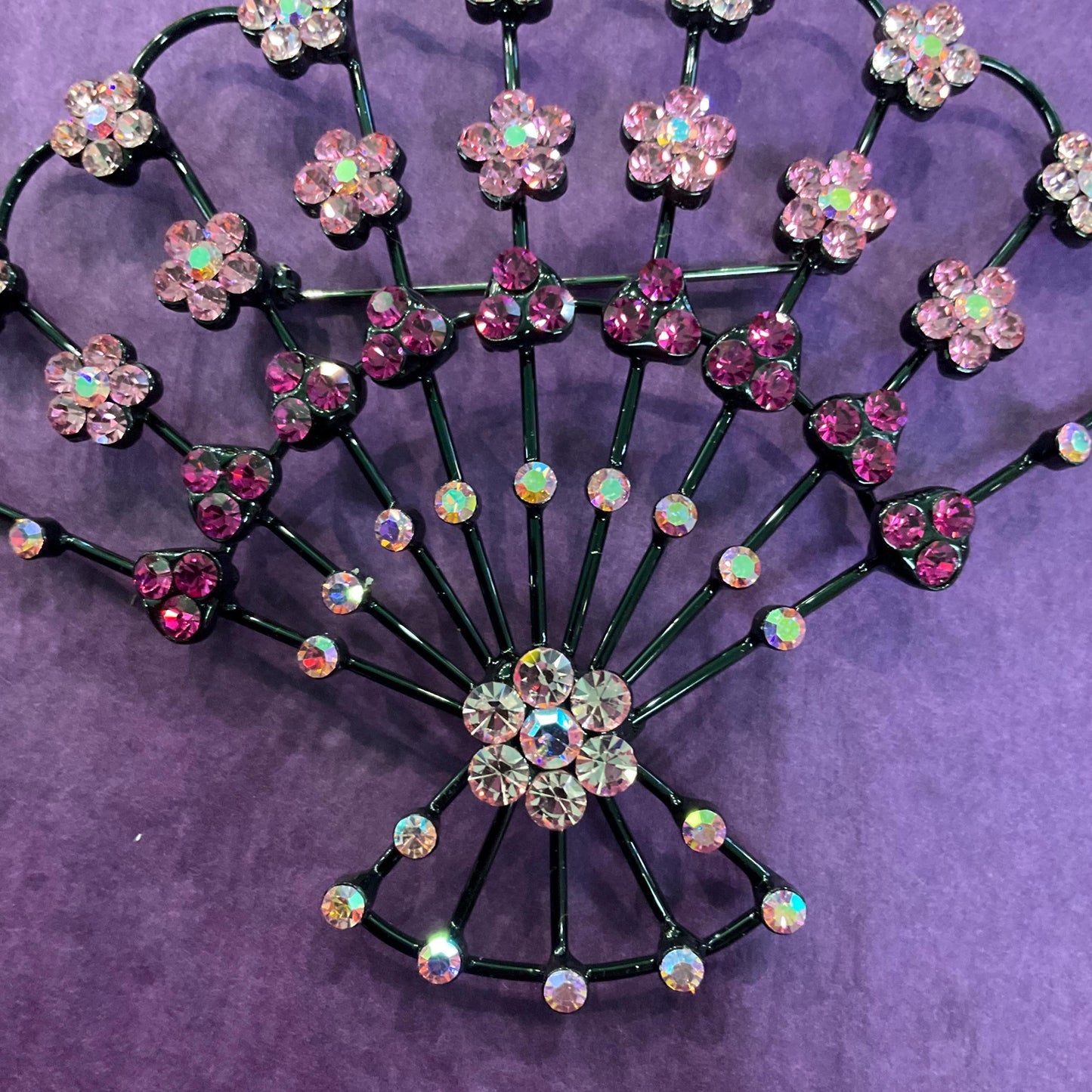 Vintage Butler and Wilson Large Crystal Fan Brooch, Black metal with Pink Rhinestone