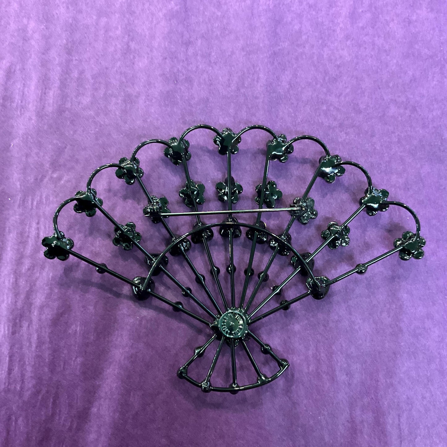 Vintage Butler and Wilson Large Crystal Fan Brooch, Black metal with Pink Rhinestone