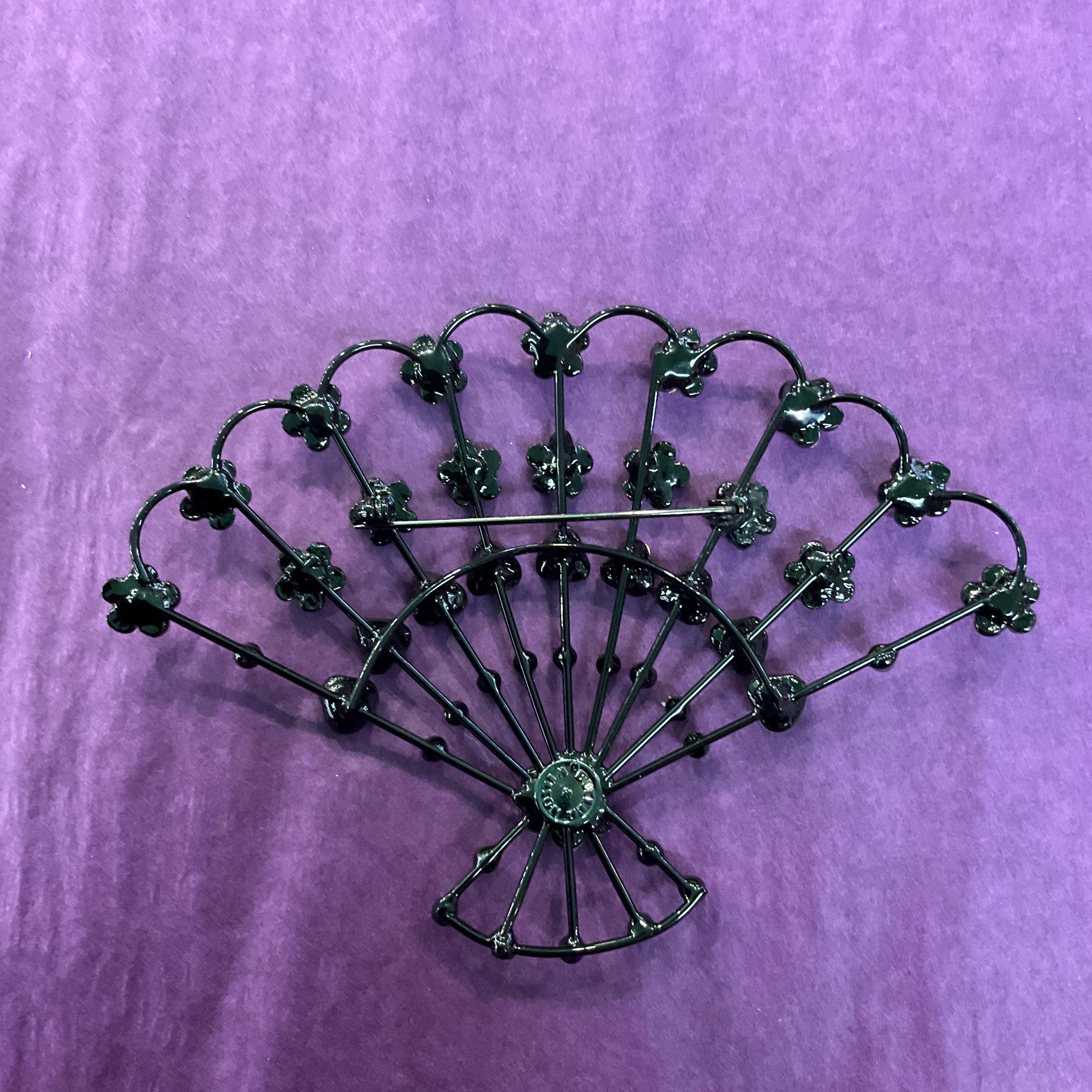 Vintage Butler and Wilson Large Crystal Fan Brooch, Black metal with Pink Rhinestone