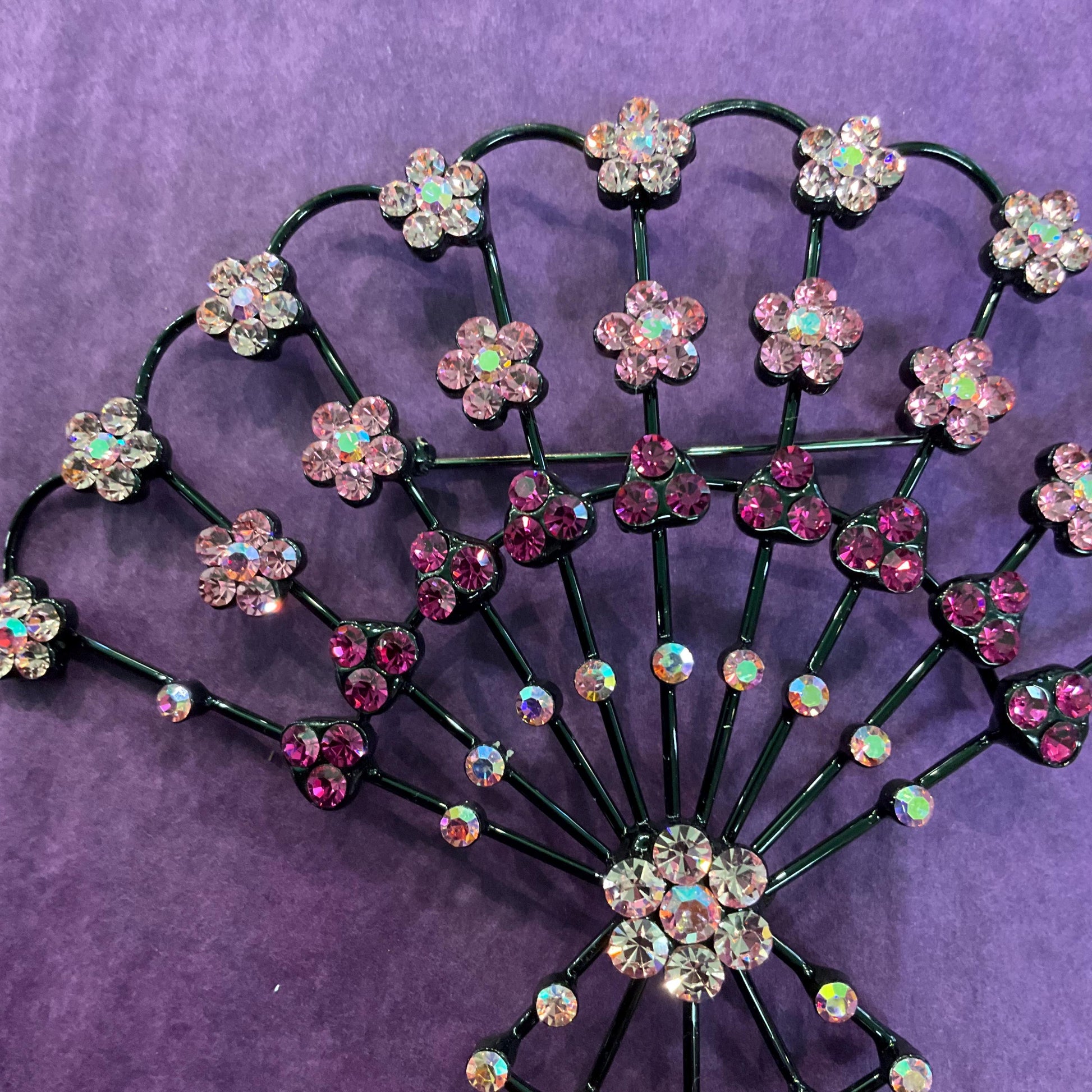 Vintage Butler and Wilson Large Crystal Fan Brooch, Black metal with Pink Rhinestone