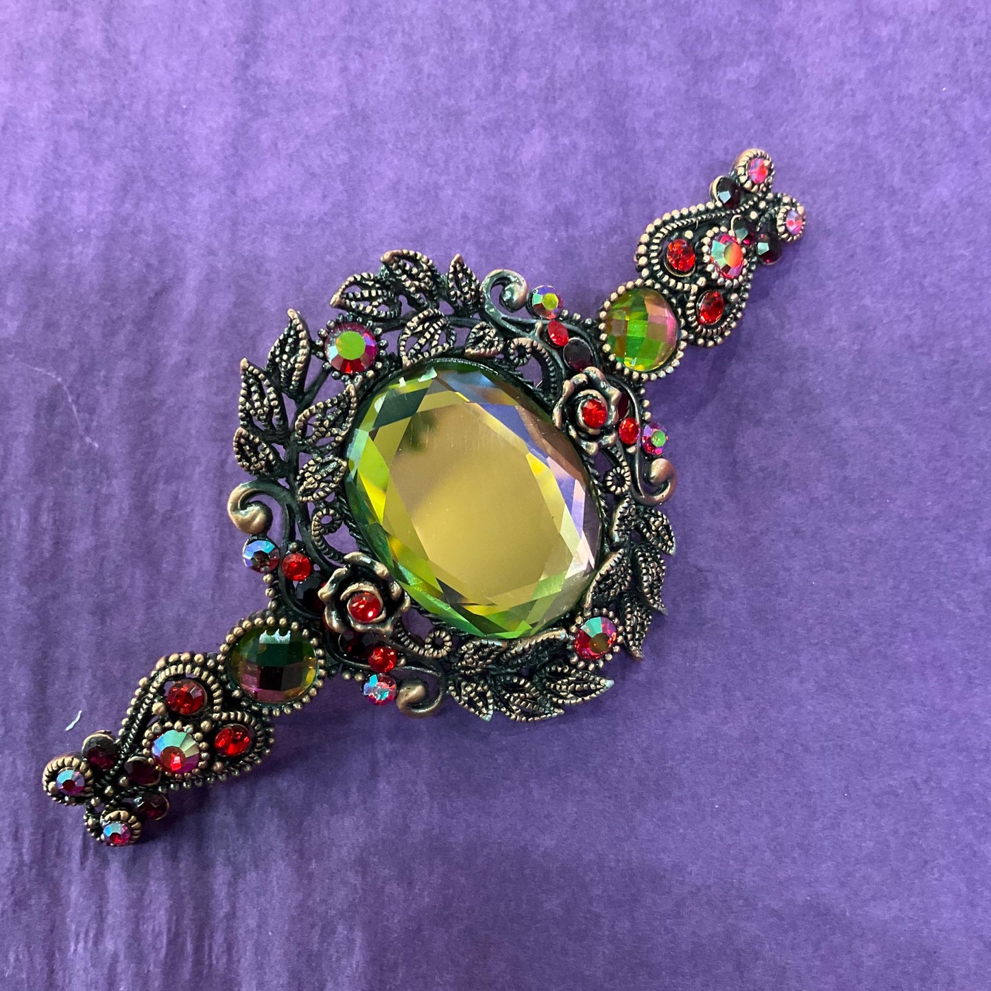 Vintage Butler and Wilson Large Mirror Crystal Hair Slide/ Barette, Rose gold tone , pink, green and red crystals