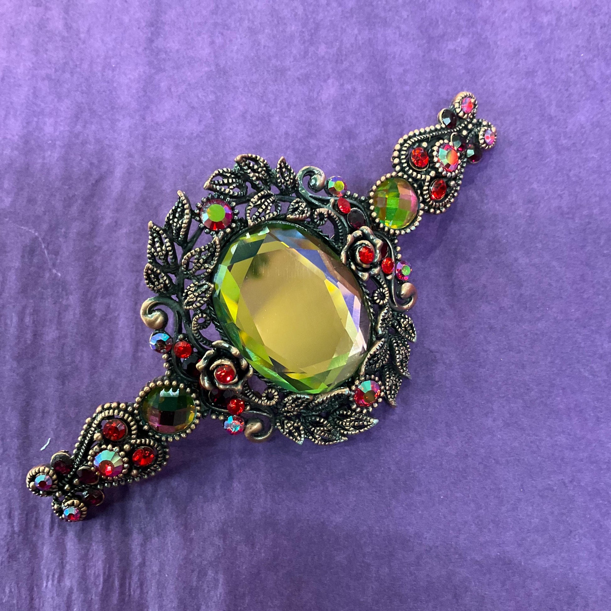 Vintage Butler and Wilson Large Mirror Crystal Hair Slide/ Barette, Rose gold tone , pink, green and red crystals